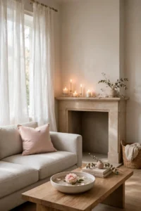 Elegant living room with subtle Valentine's touches: blush throw pillow, floating rose bowl and warm candlelight on the mantel