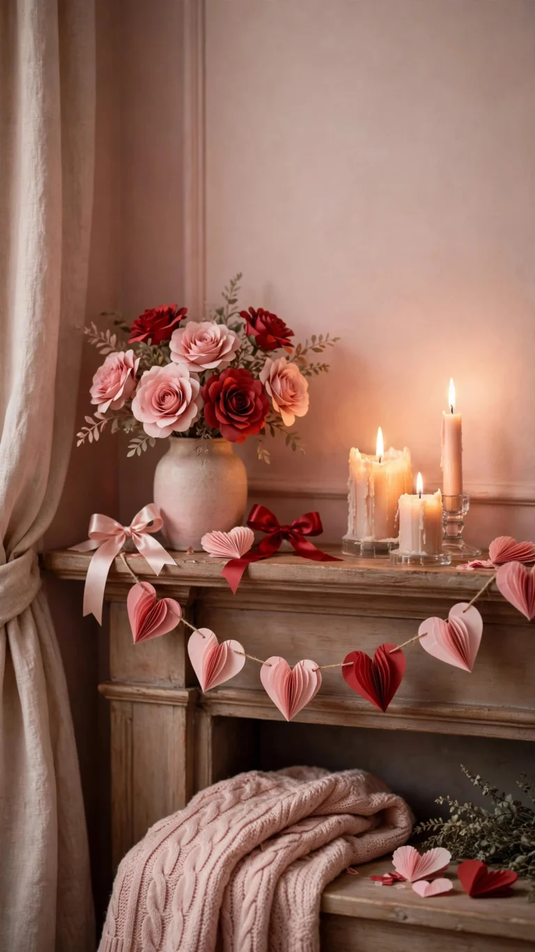 Cozy Valentine's living room corner with paper heart garland, paper roses, ribbon bows and warm candlelight