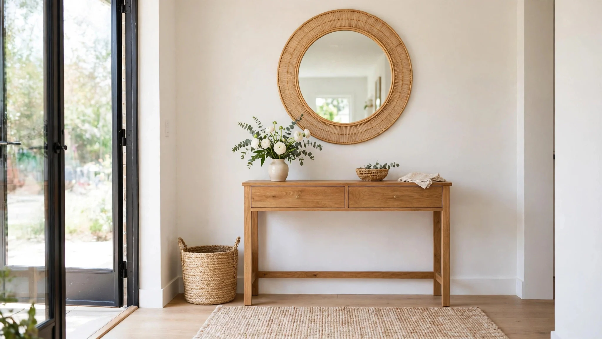 Bright entryway with a tidy console, fresh flowers and a light woven rug