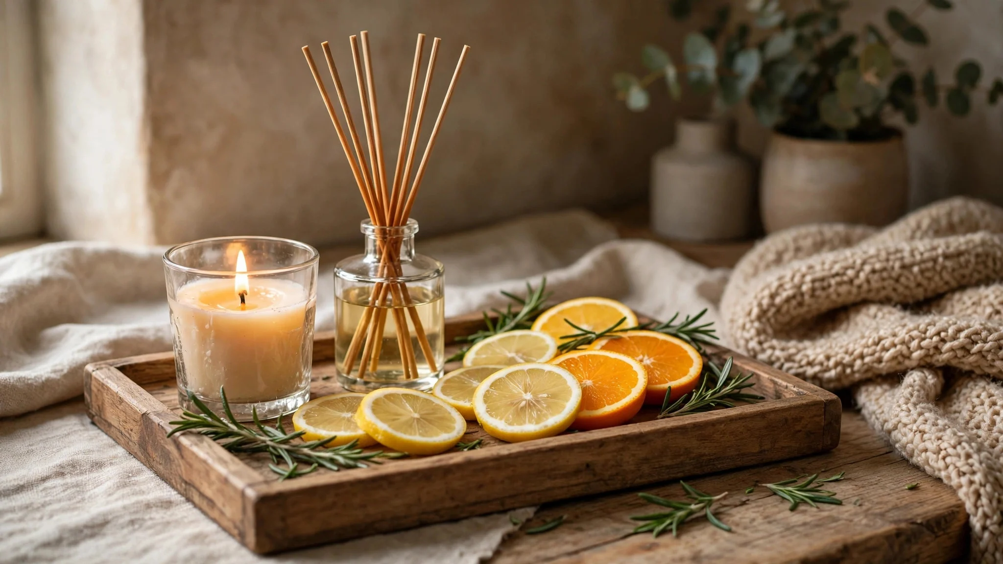 Cozy corner with a lit candle, diffuser and fresh citrus slices