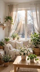Fresh bright February living room with sunlight streaming through open curtains, light linen textiles and green houseplants