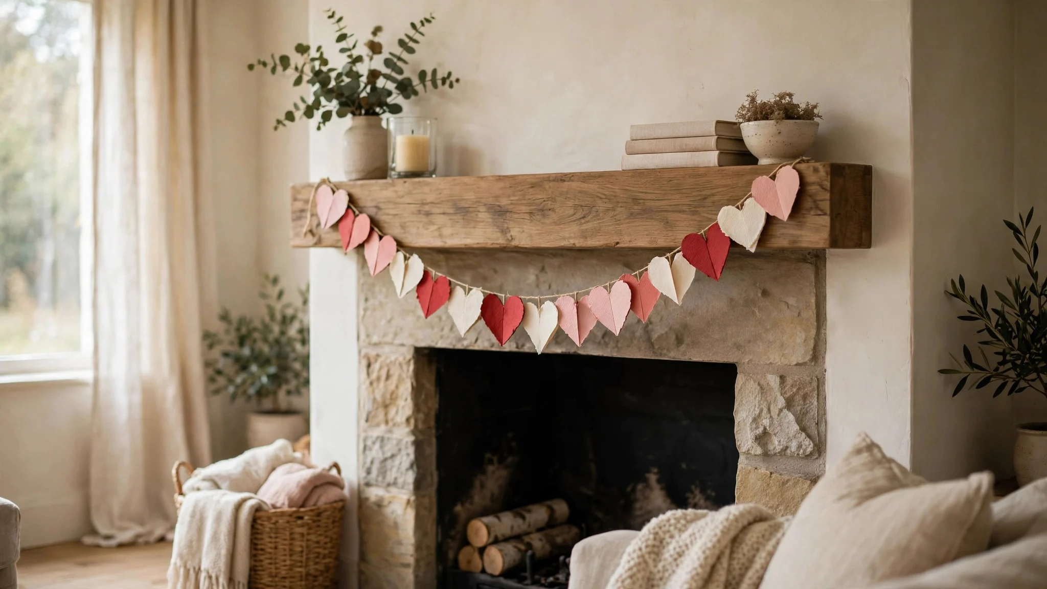 Handmade paper heart garland in red blush and cream draped across a fireplace mantel