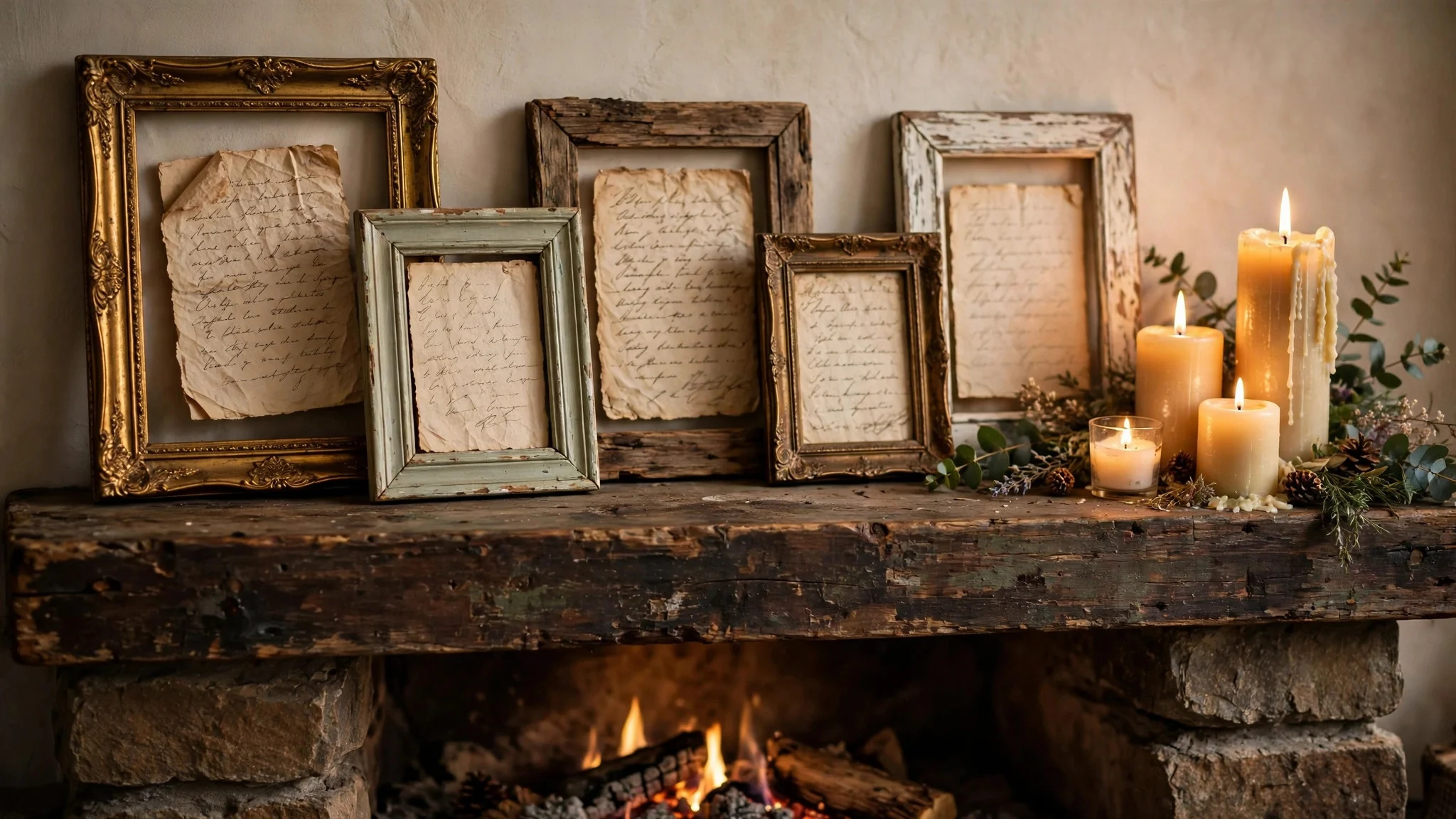Mismatched picture frames with handwritten love notes leaning on a fireplace mantel