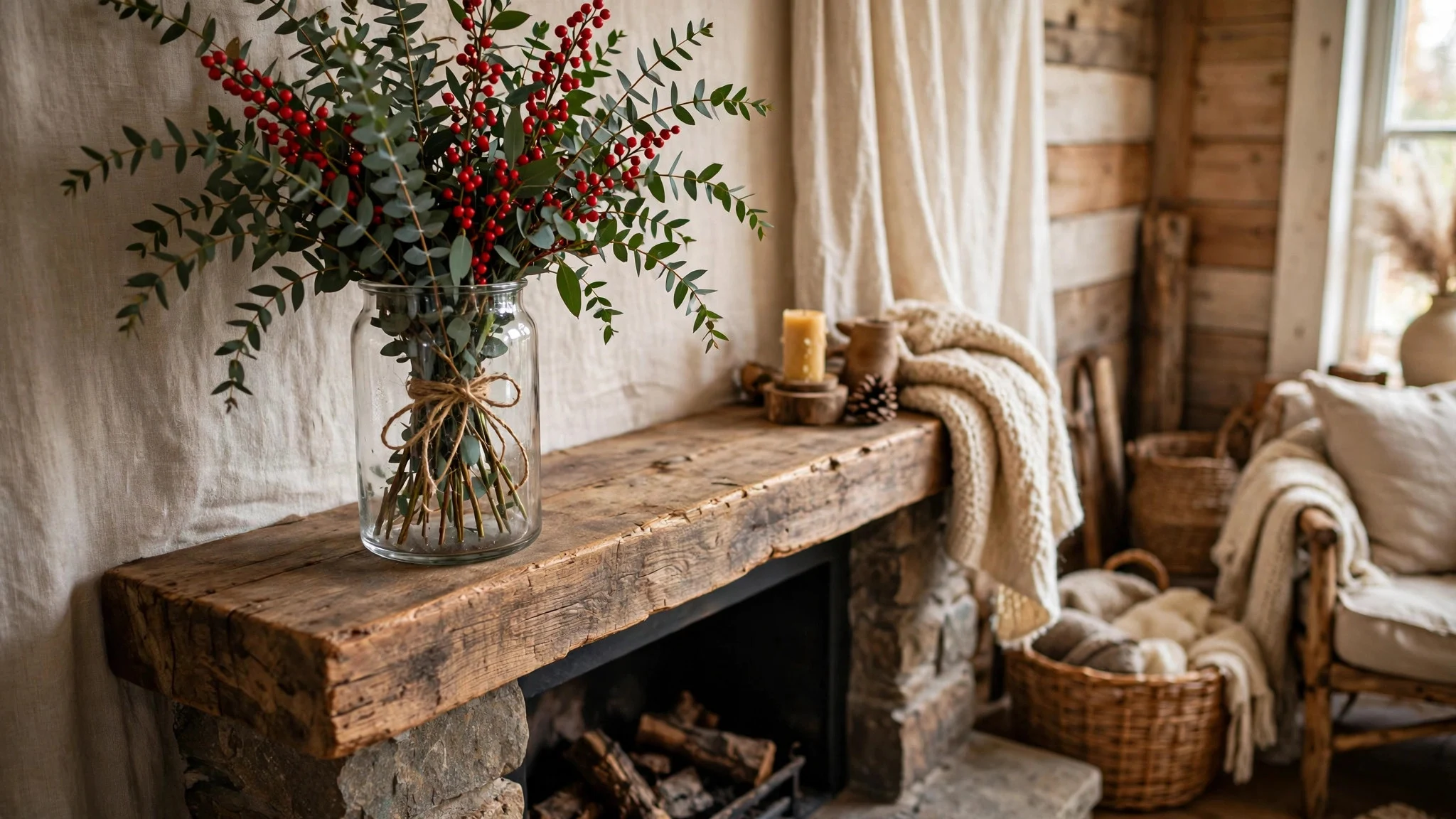 Bundle of eucalyptus sprigs with red berries tied with twine on a fireplace mantel