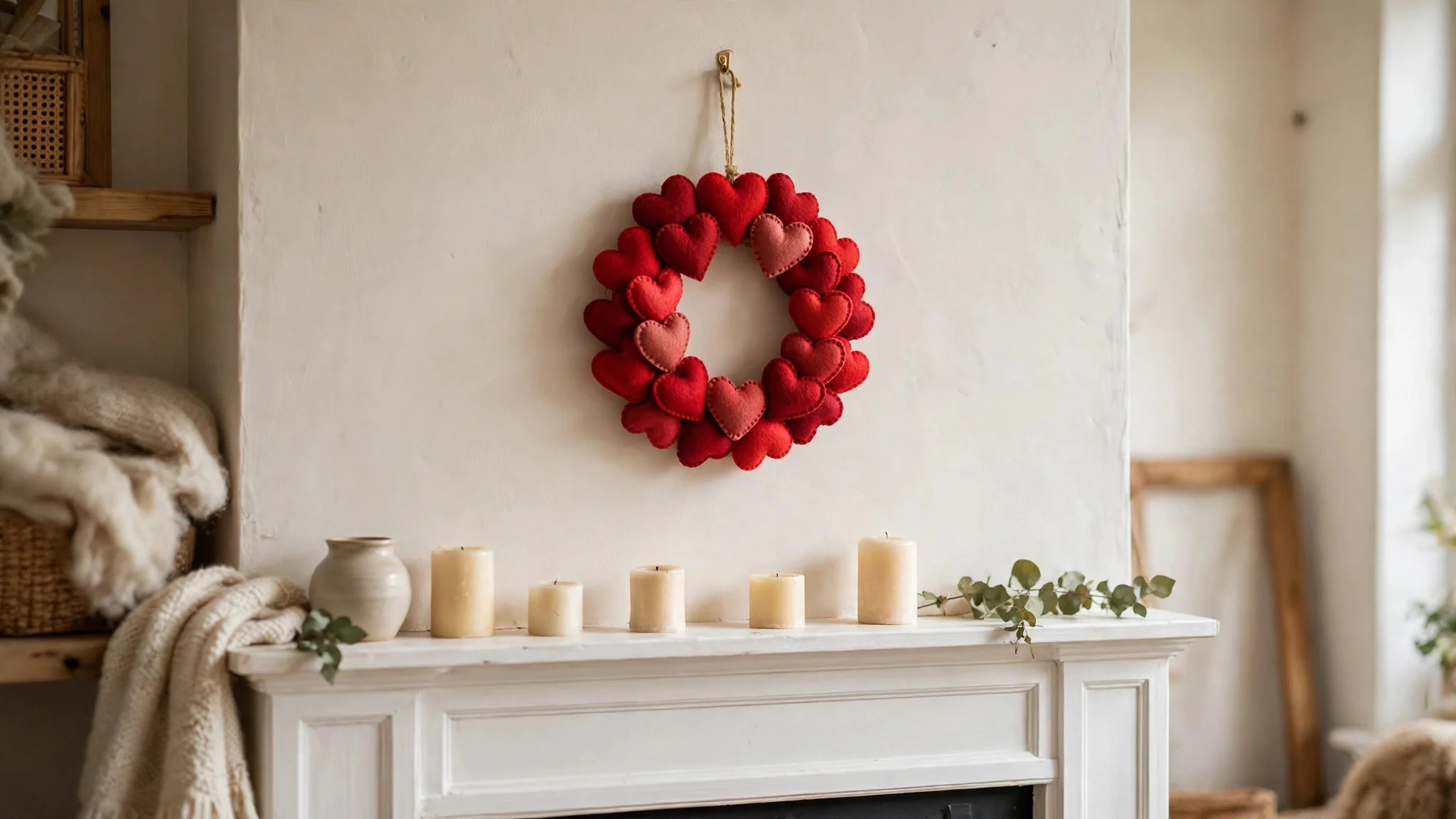 Small heart wreath made of felt hearts hanging on the wall above a fireplace mantel