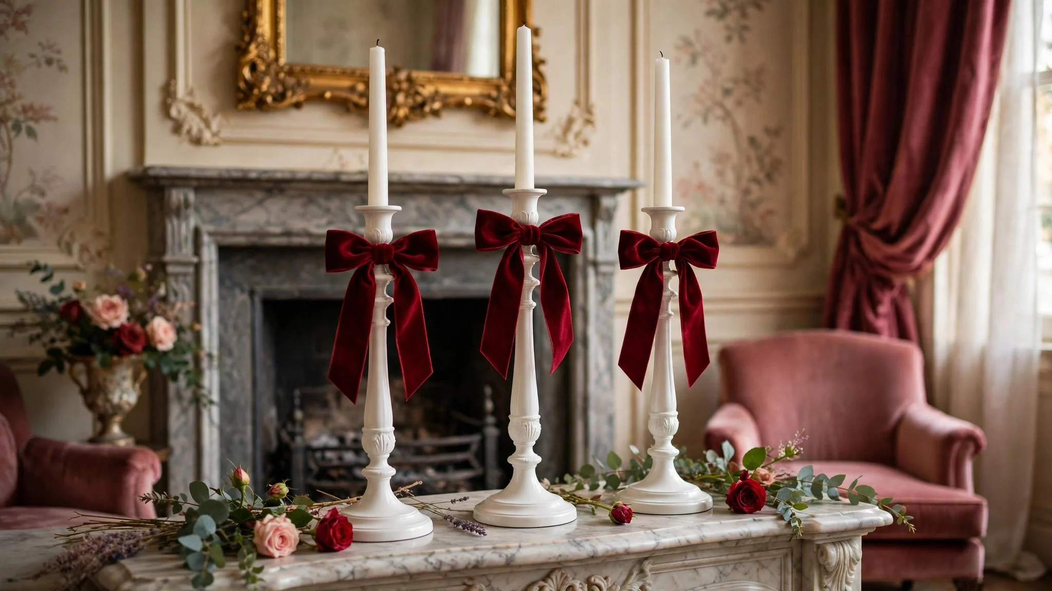 Tall candlesticks wrapped with deep red velvet ribbon bows on a fireplace mantel