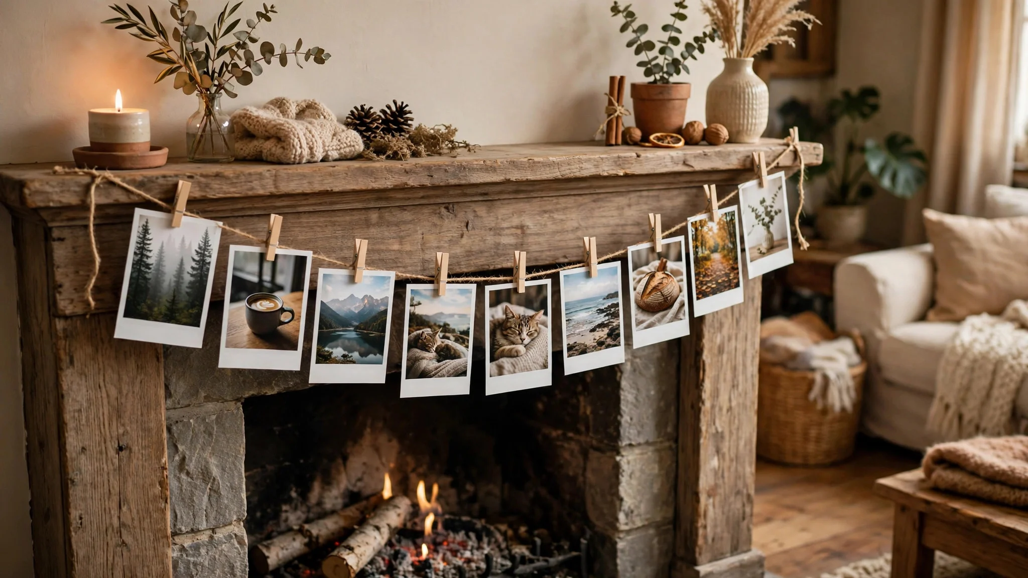 String of small photos clipped with wooden pegs draped across a fireplace mantel