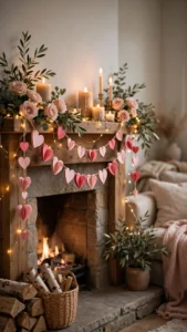 Romantic Valentine's fireplace mantel with candles, paper heart garland, blush roses and warm fairy lights