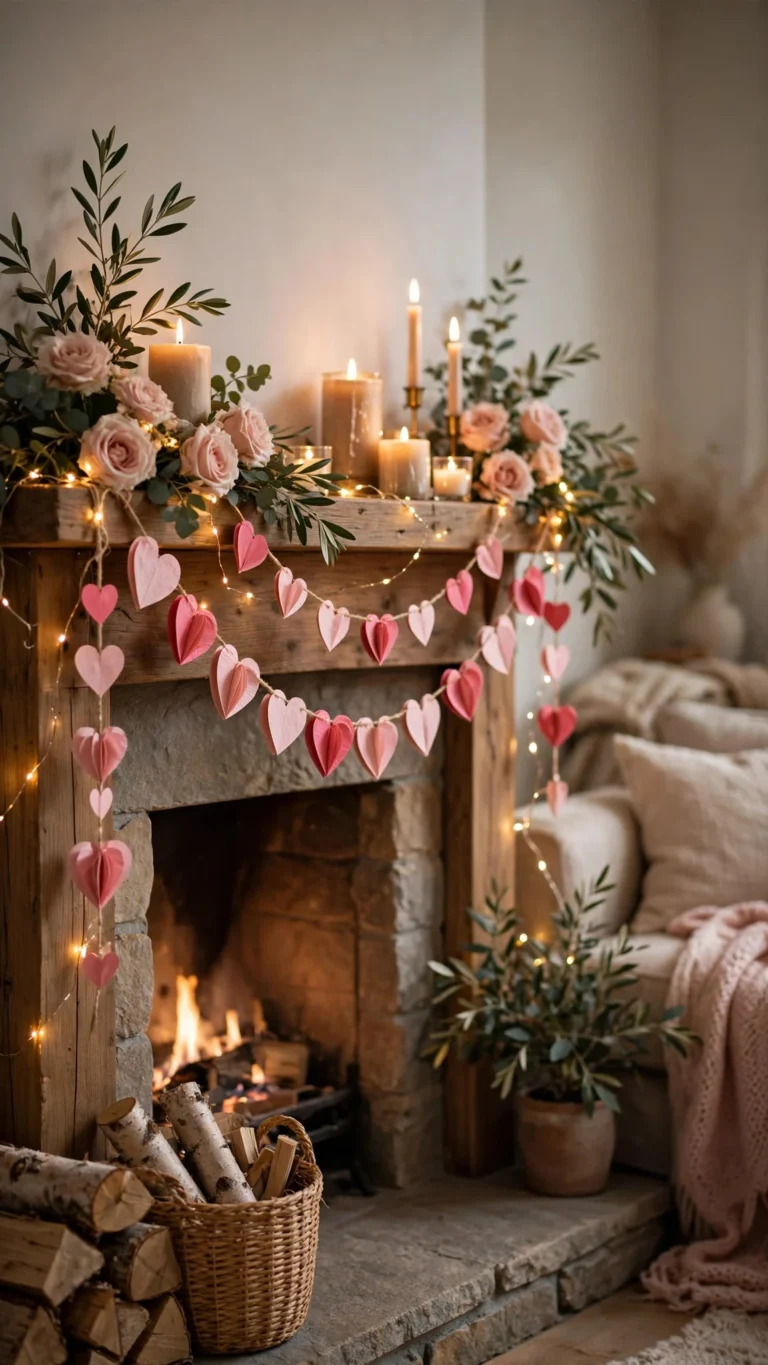 Romantic Valentine's fireplace mantel with candles, paper heart garland, blush roses and warm fairy lights