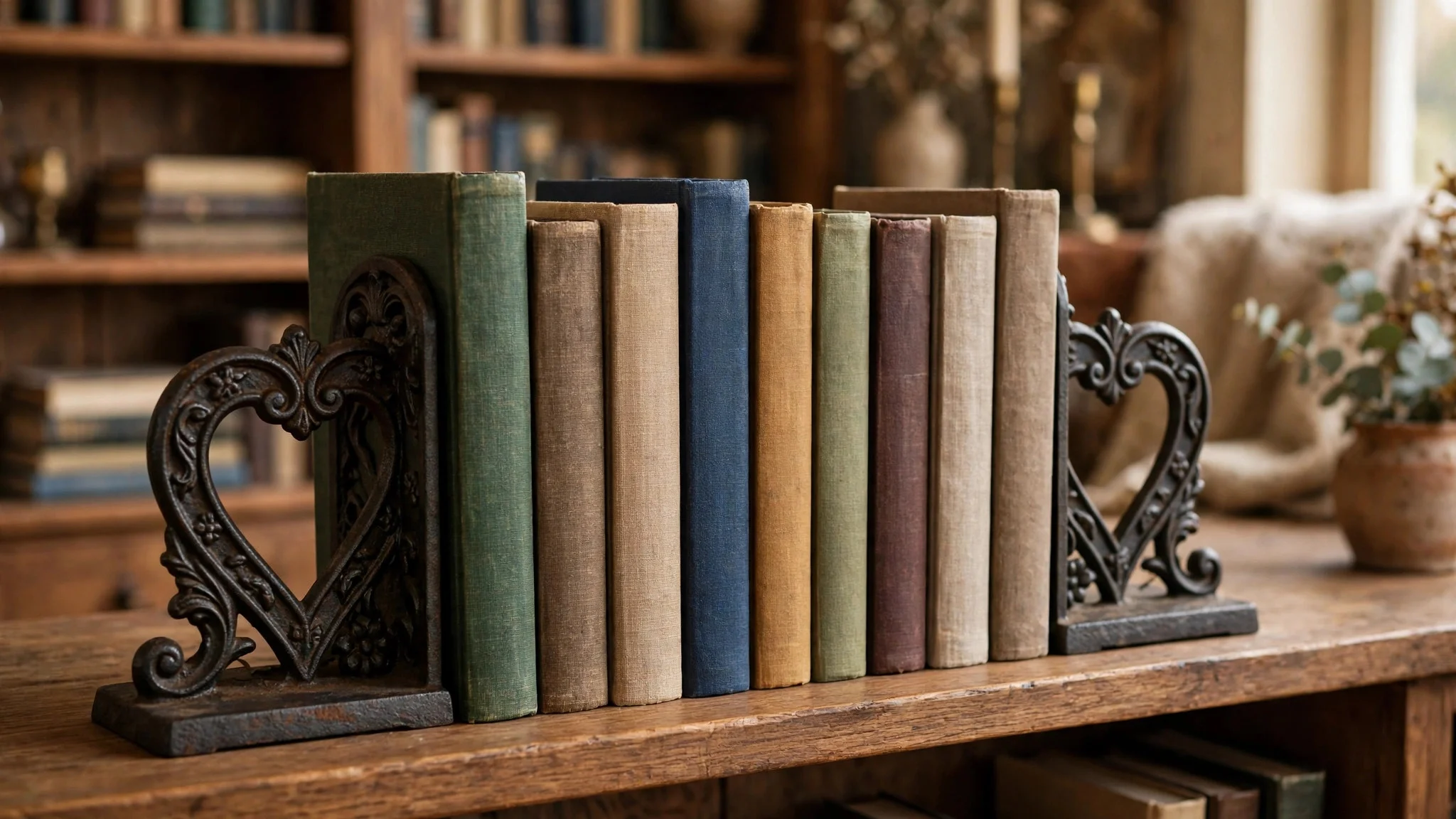 Cast iron heart bookends holding a row of hardback books on a wooden shelf