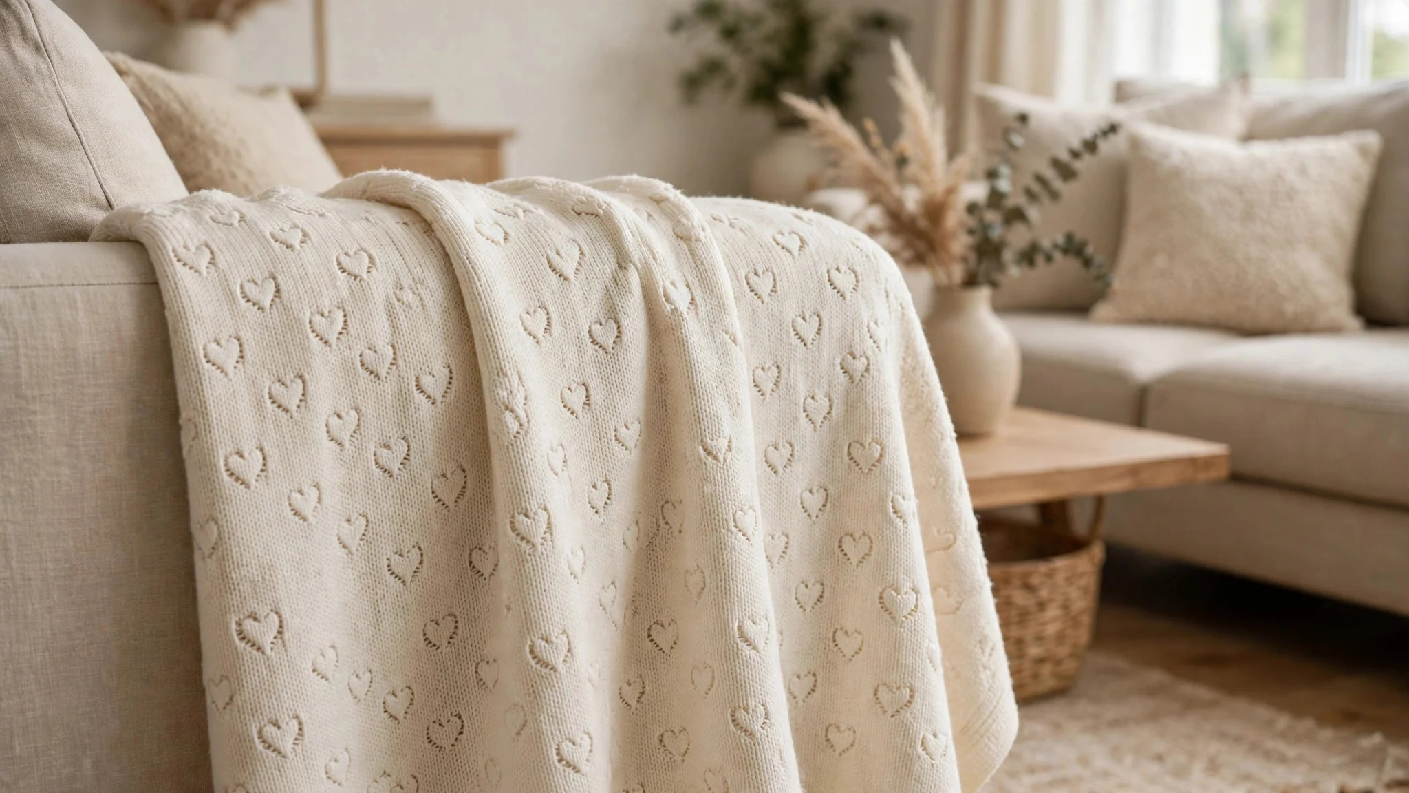 Cream knitted throw blanket with a subtle repeated heart pattern draped over a sofa arm