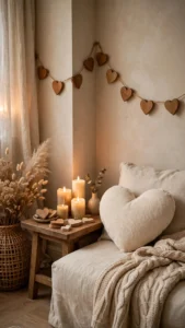 Cozy neutral living room corner with wooden hearts, cream heart pillow, candles and soft warm light