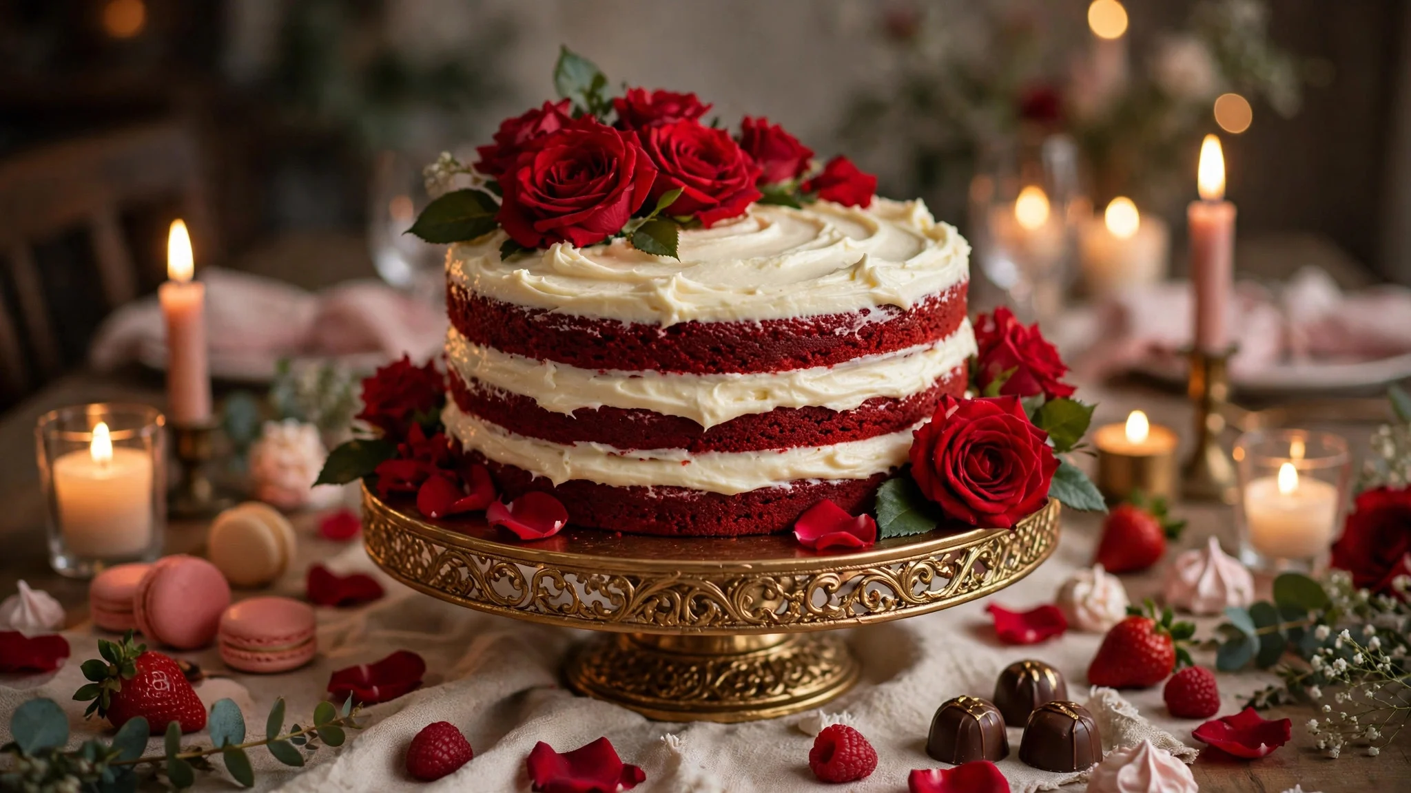 Red velvet cake with cream cheese frosting and red roses on a gold cake stand