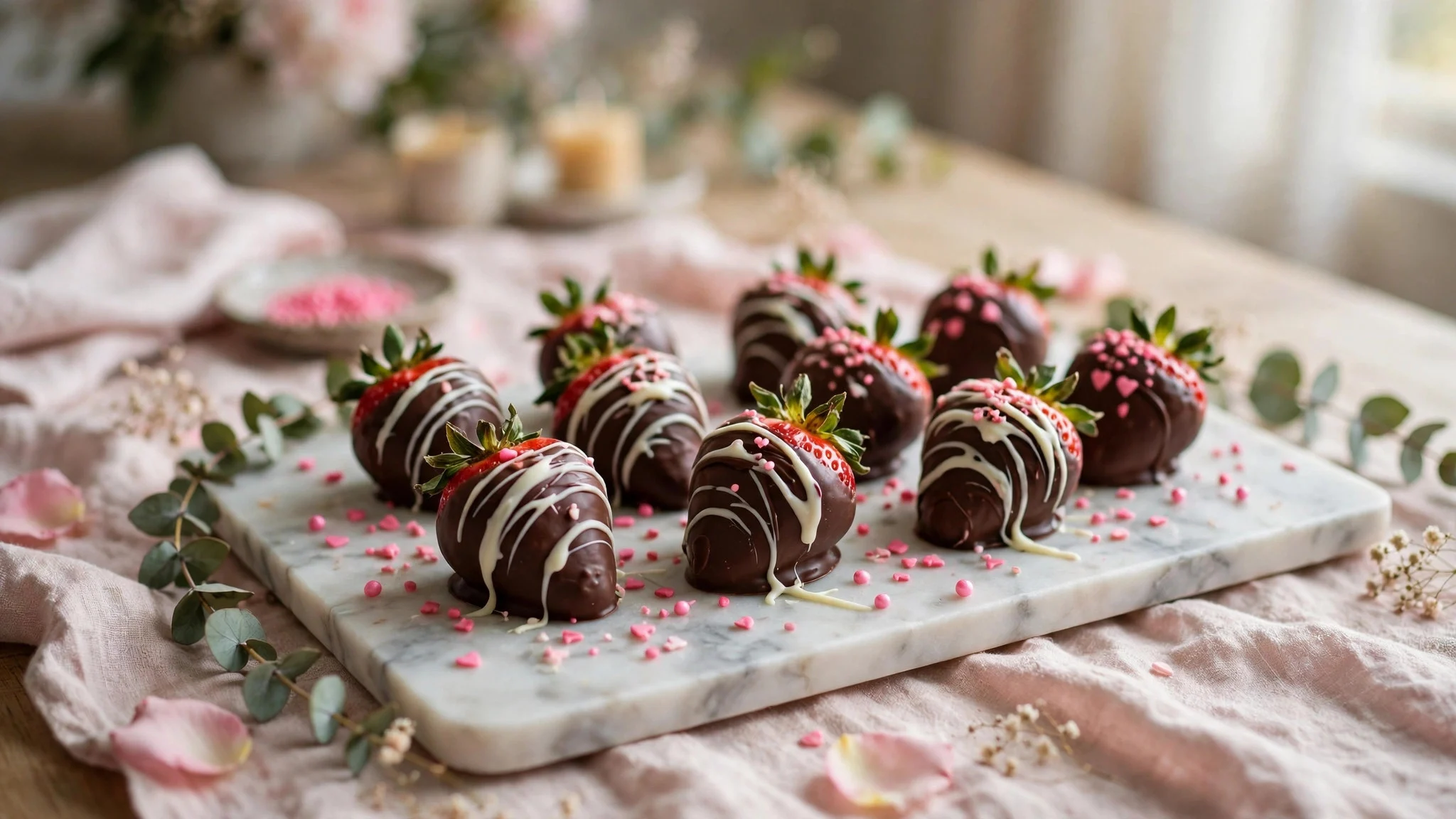 Chocolate-dipped strawberries with white chocolate drizzle arranged on a marble platter