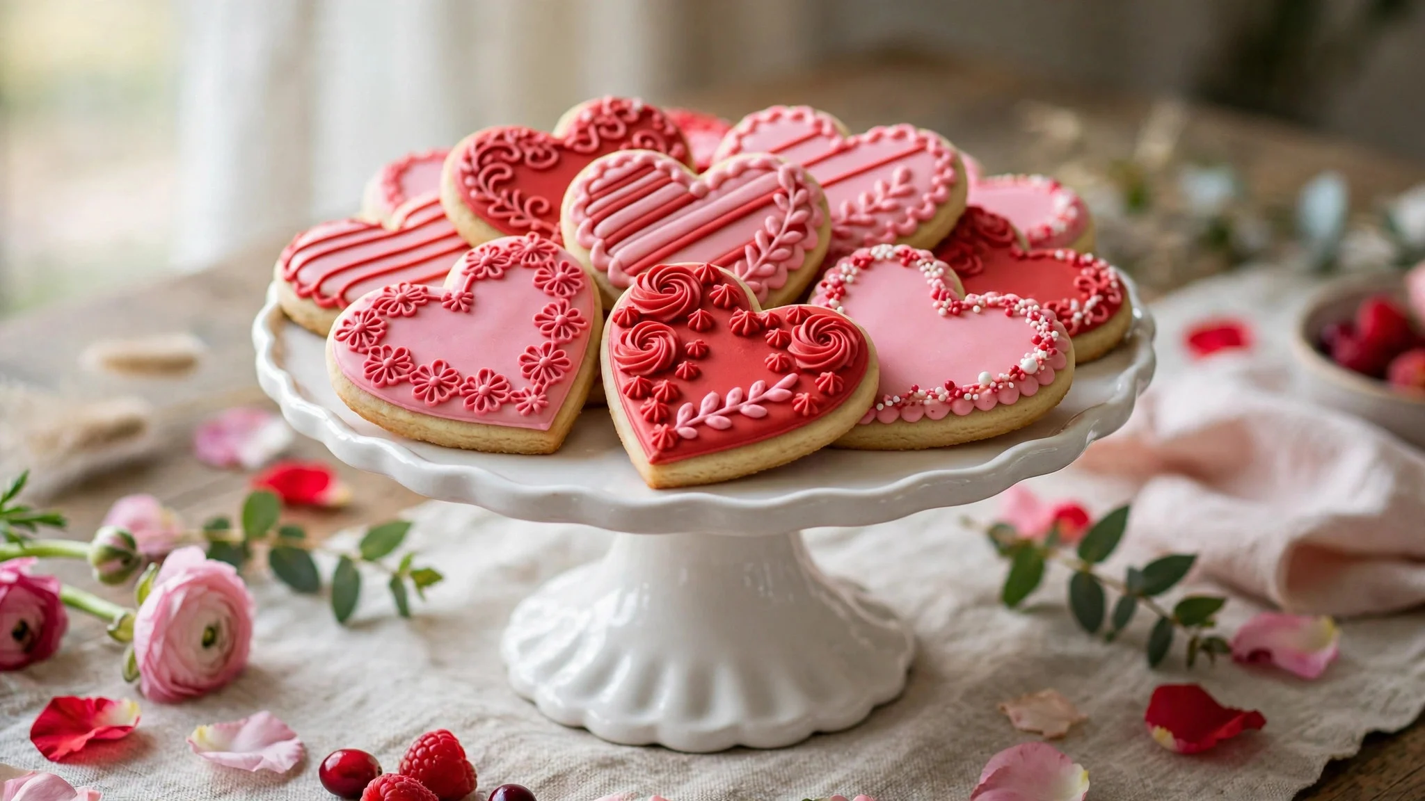 Heart-shaped sugar cookies with pink and red icing displayed on a white pedestal stand