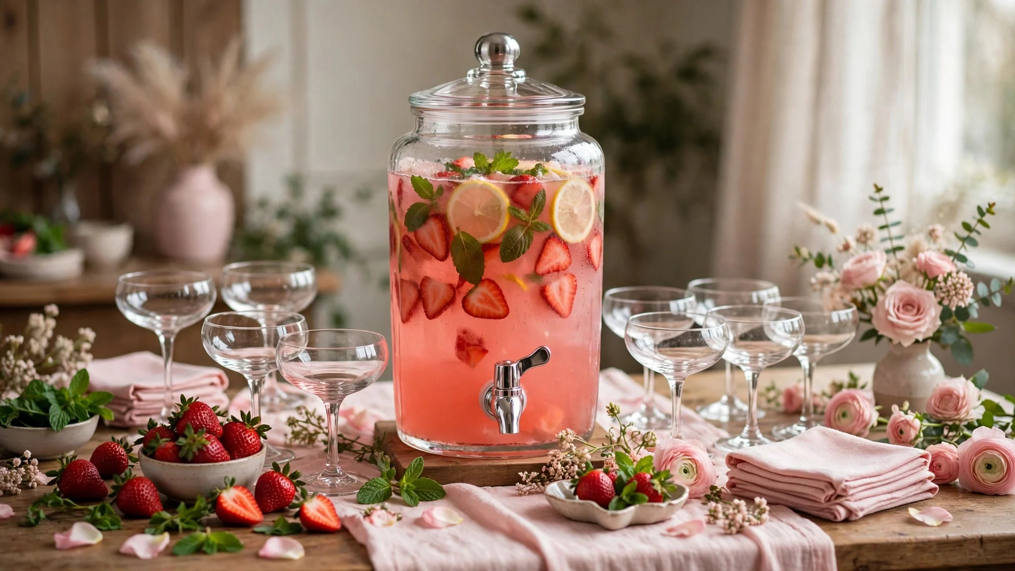 Pink lemonade drink station with glass dispenser, coupe glasses and fresh strawberries