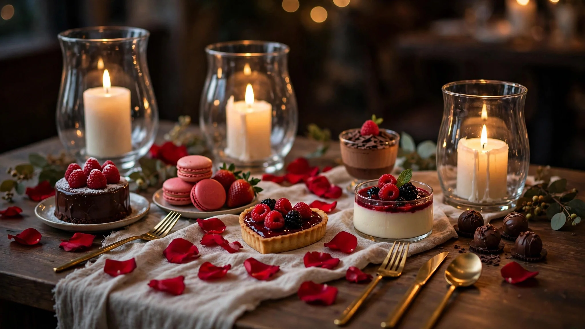 Valentine's dessert table with lit pillar candles in glass hurricanes and scattered rose petals