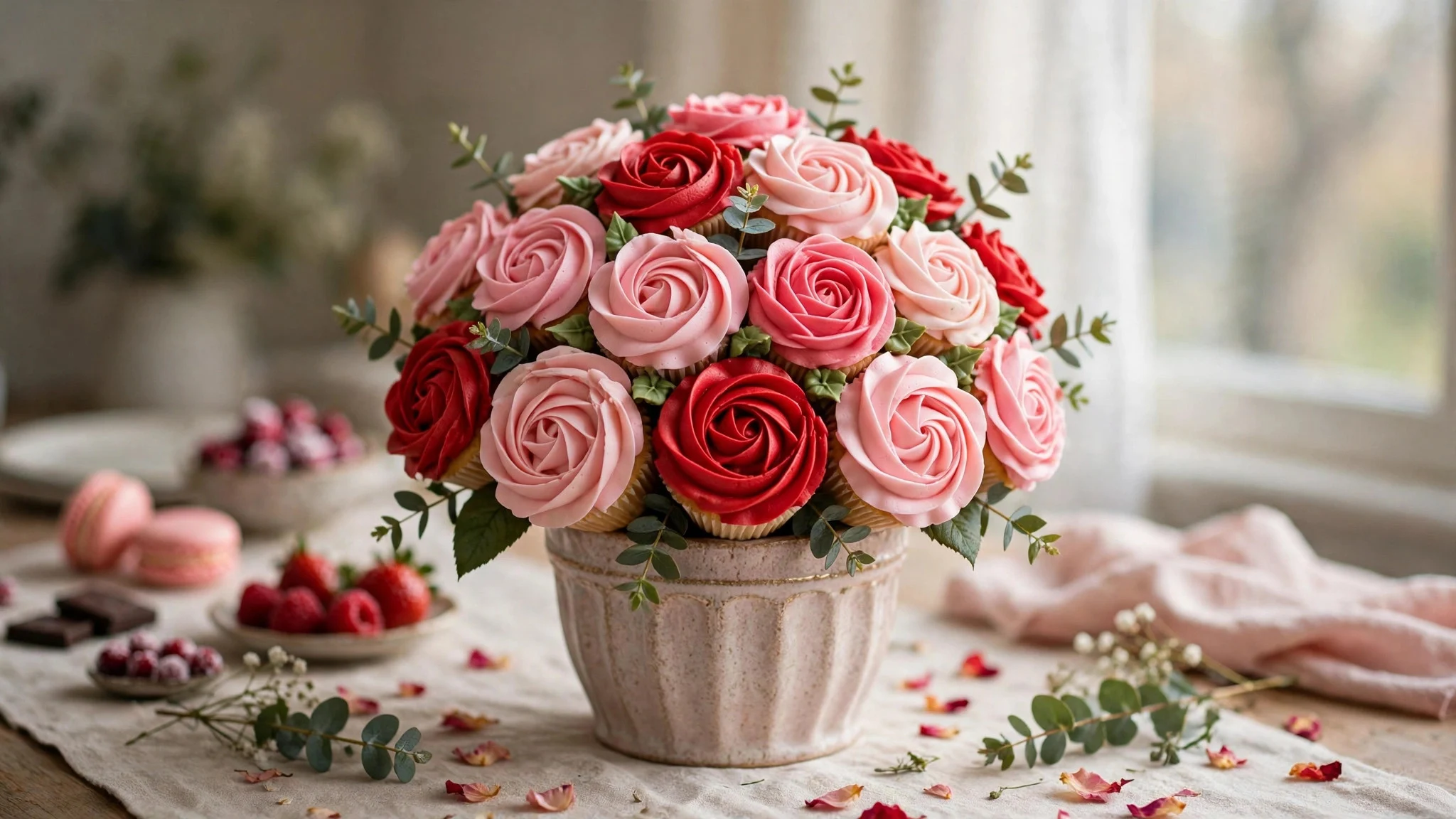 Bouquet of cupcakes frosted like pink and red roses arranged in a decorative pot