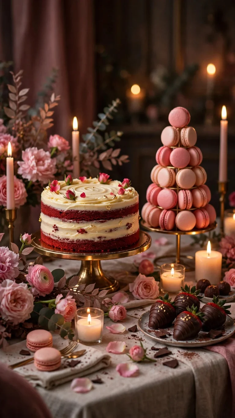 Lavish Valentine's Day dessert table with red velvet cake, macaron tower, chocolate strawberries and pink flowers in romantic candlelight