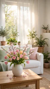 Bright spring living room with pastel cushions, tulips and cherry blossom branches in morning sunlight