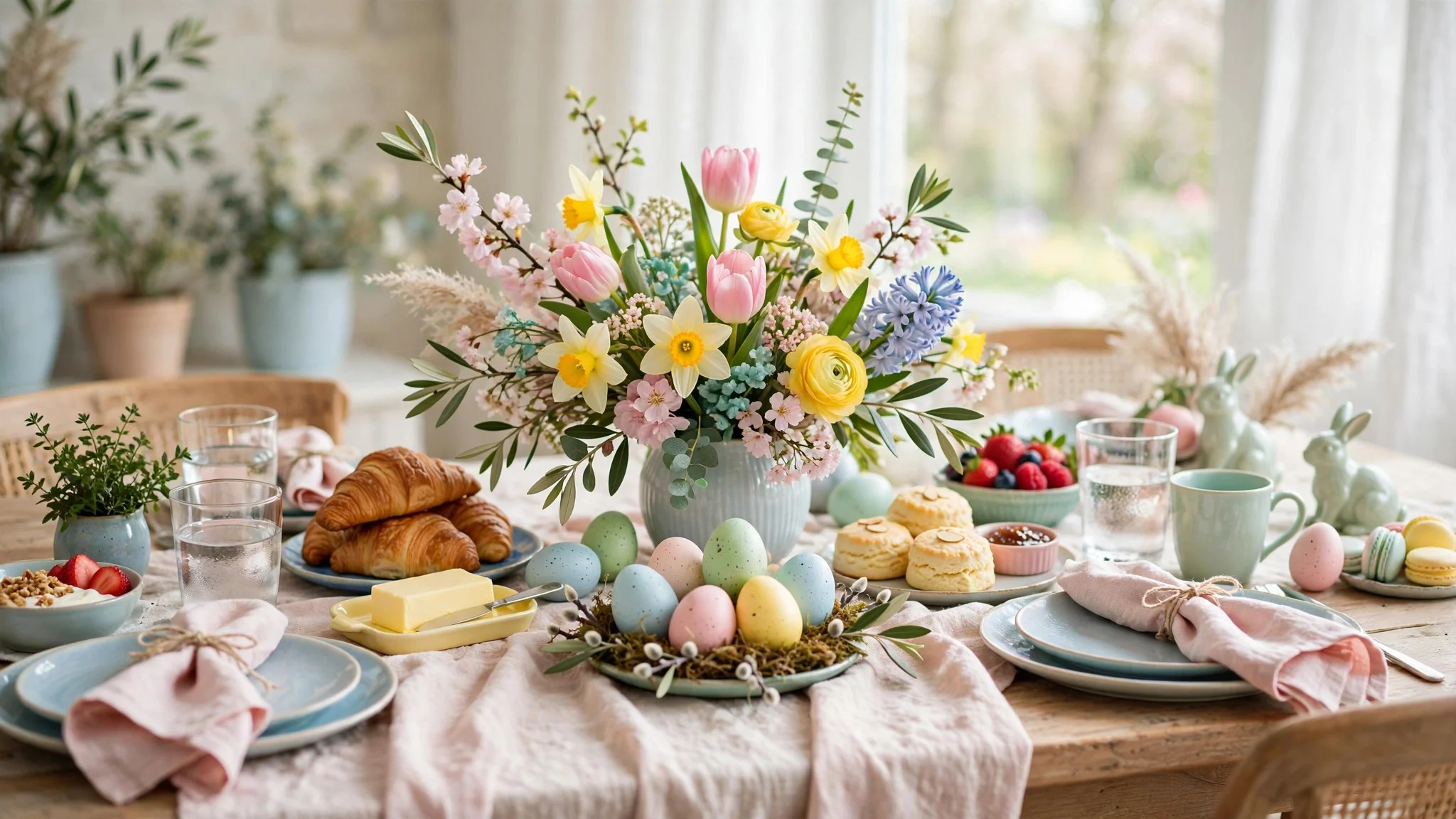 Easter brunch table in a soft pastel palette of pink, mint, yellow and blue with spring flowers