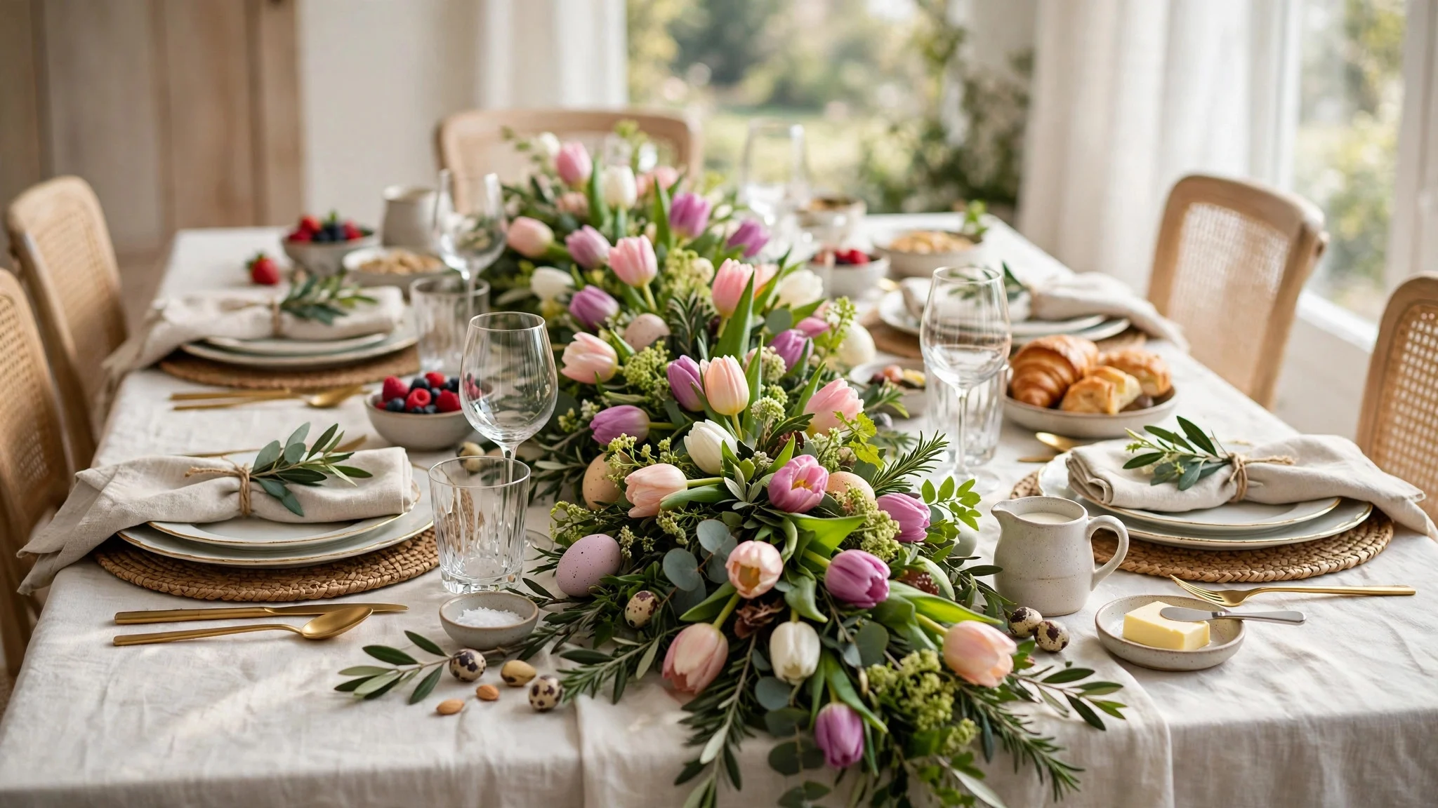 Easter brunch table with white linen cloth and a floral spring runner with tulips