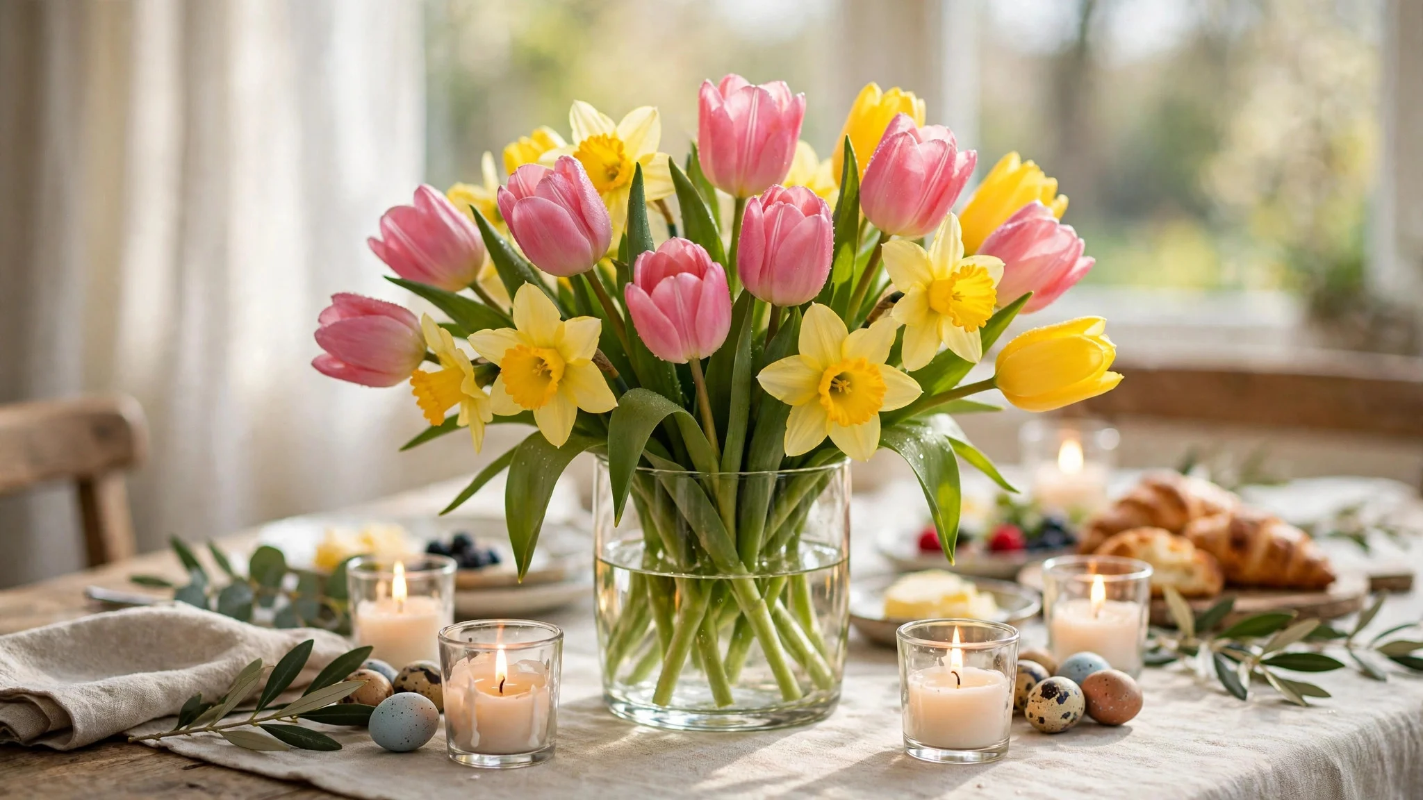 Fresh pink and yellow tulips and daffodils in a glass vase as an Easter brunch centrepiece