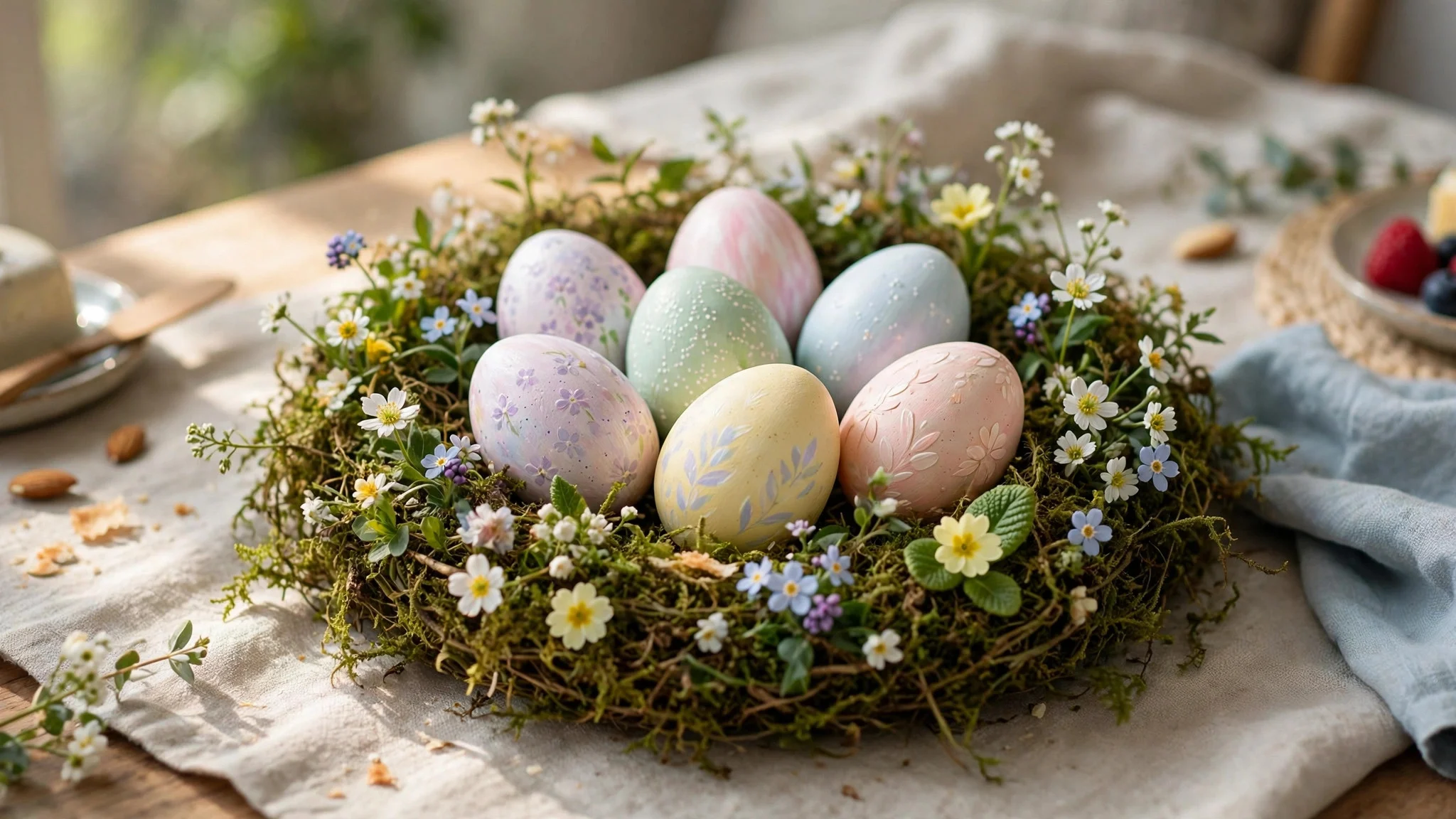 Hand-painted Easter eggs in pastel colours arranged in a moss nest with spring flowers