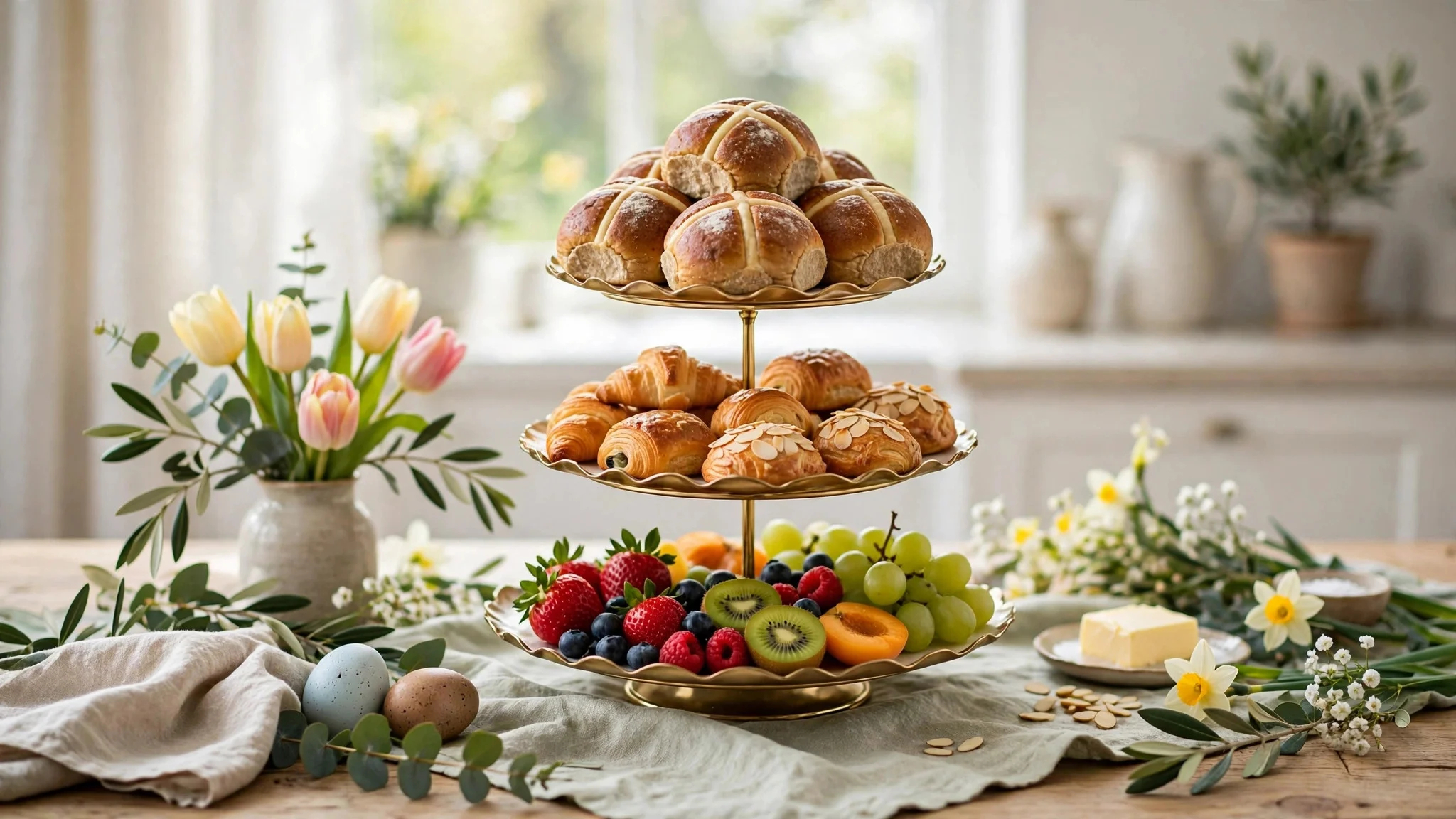 Three-tiered stand with Easter brunch pastries, fruit and hot cross buns on a spring table