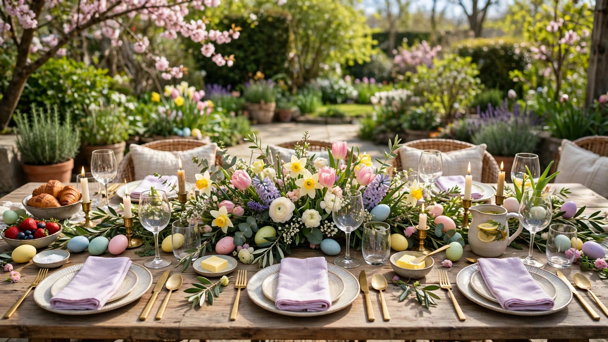 Finished Easter brunch table fully decorated with flowers, pastel eggs and candles, ready for guests