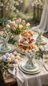 Beautiful Easter brunch table with tulips, pastel painted eggs, tiered pastries and bunny napkin place settings in soft spring light