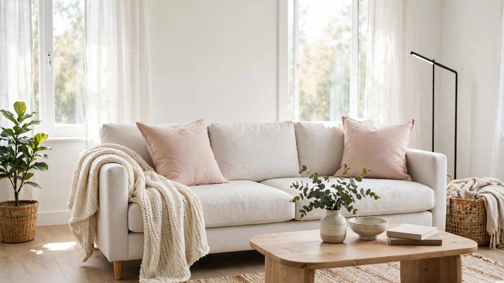 Sofa styled with blush pink throw pillows and a cream chunky knit throw