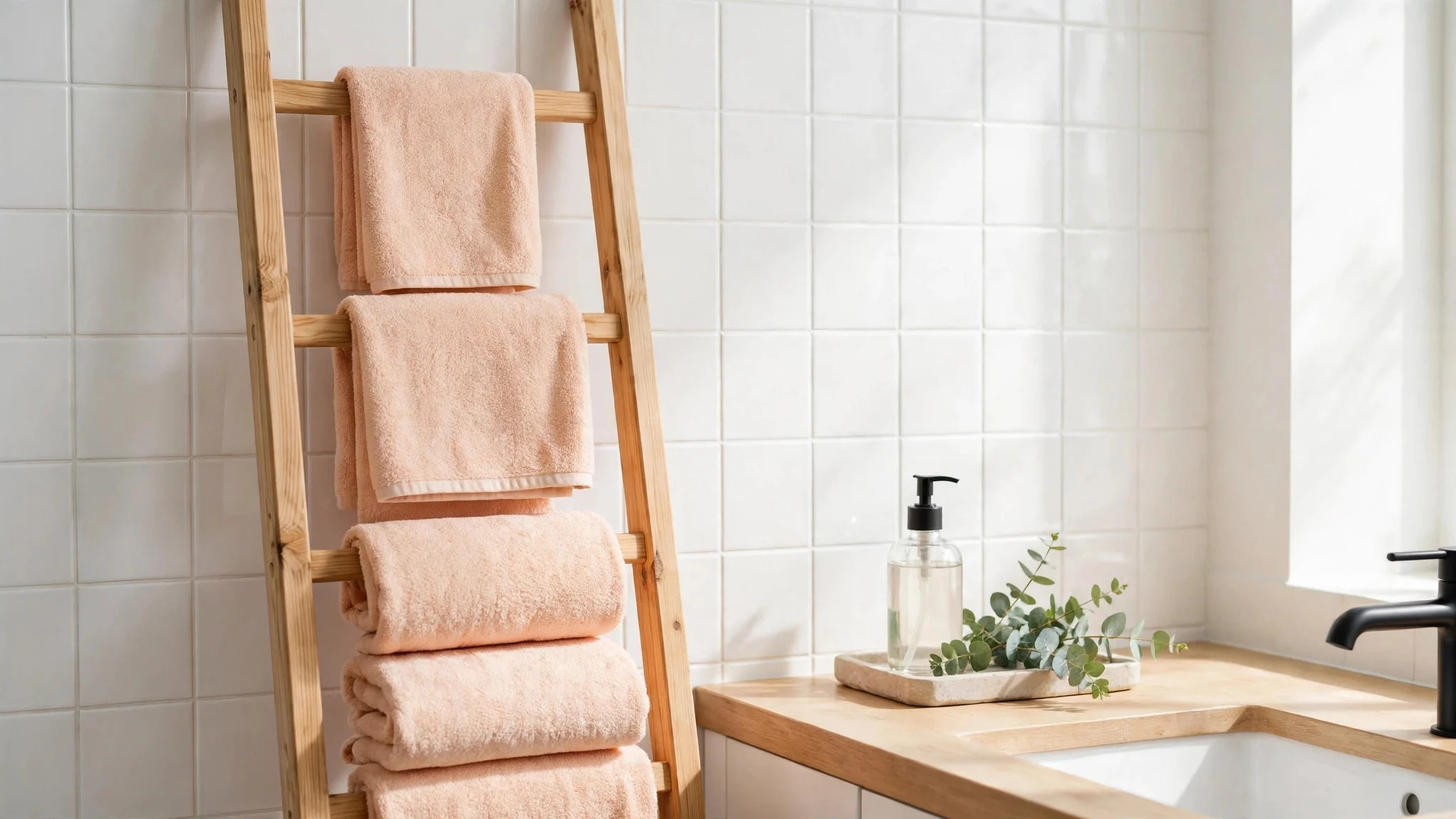 Bathroom styled with peach towels, a small tray and eucalyptus sprigs