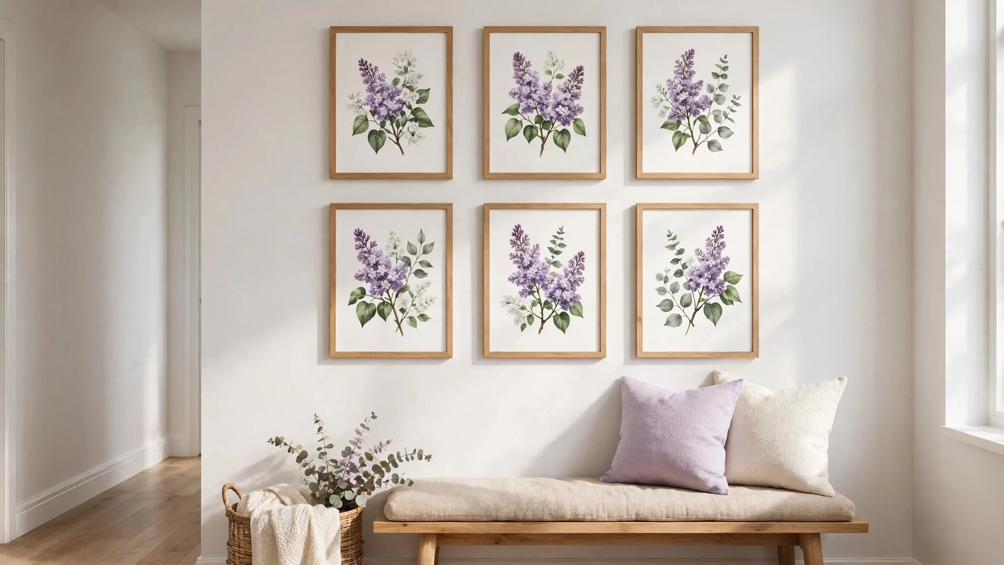 Gallery wall of lilac and white botanical prints in light wood frames above a bench