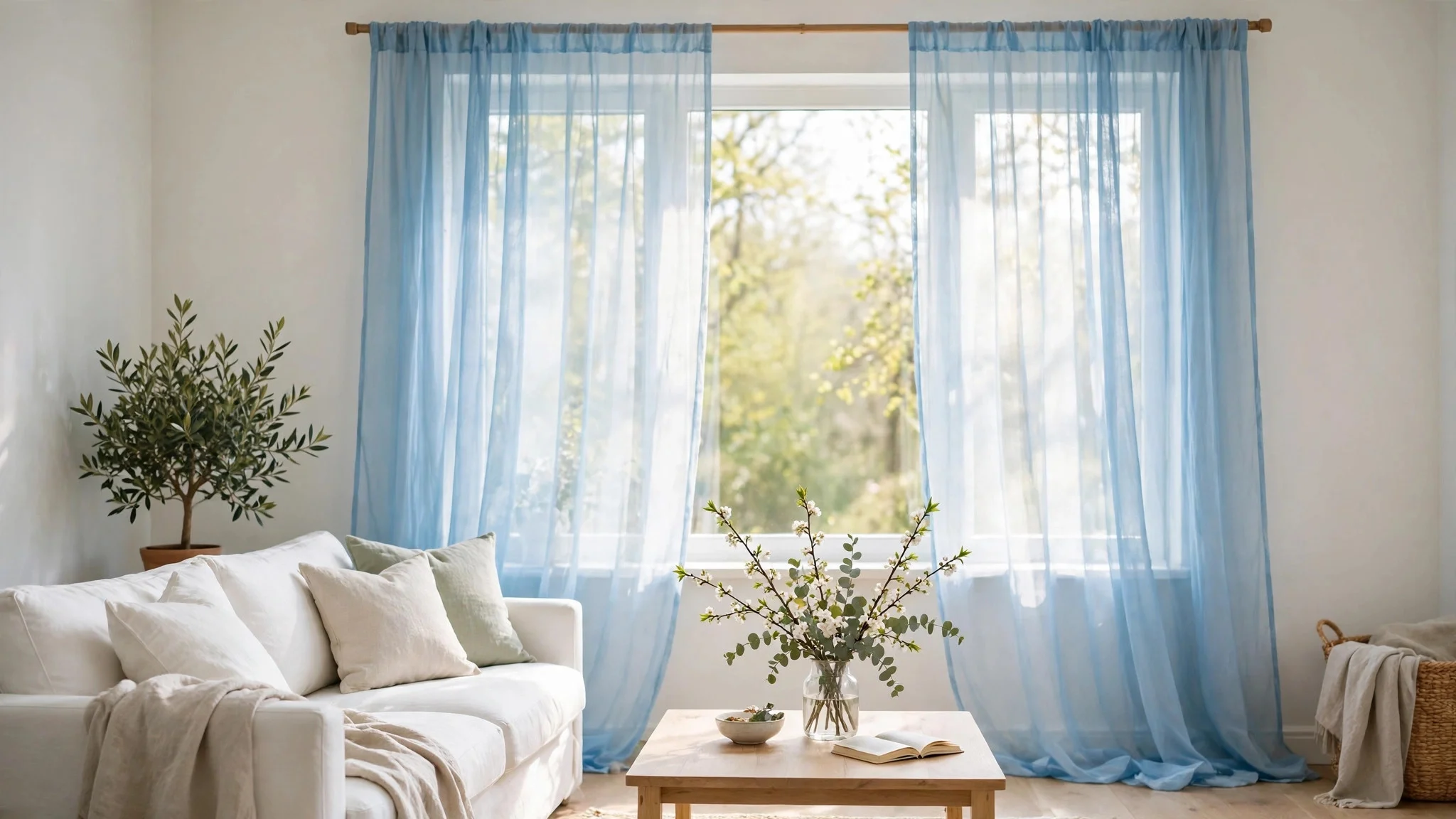 Living room window with sky blue sheer curtains letting in soft daylight