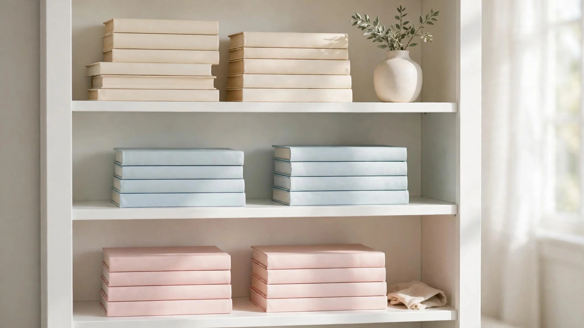 Bookshelf styled with pastel book spines, horizontal stacks and a small vase