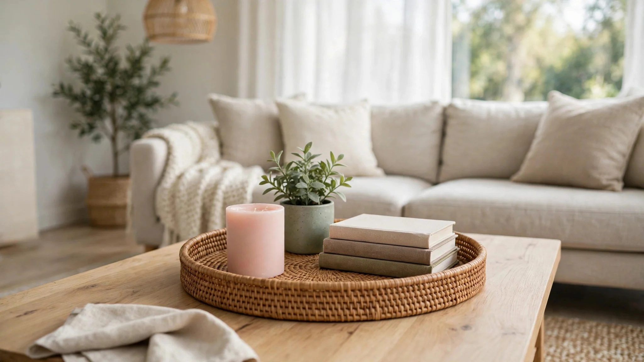 Coffee table with a round tray holding a blush candle, small green plant and books
