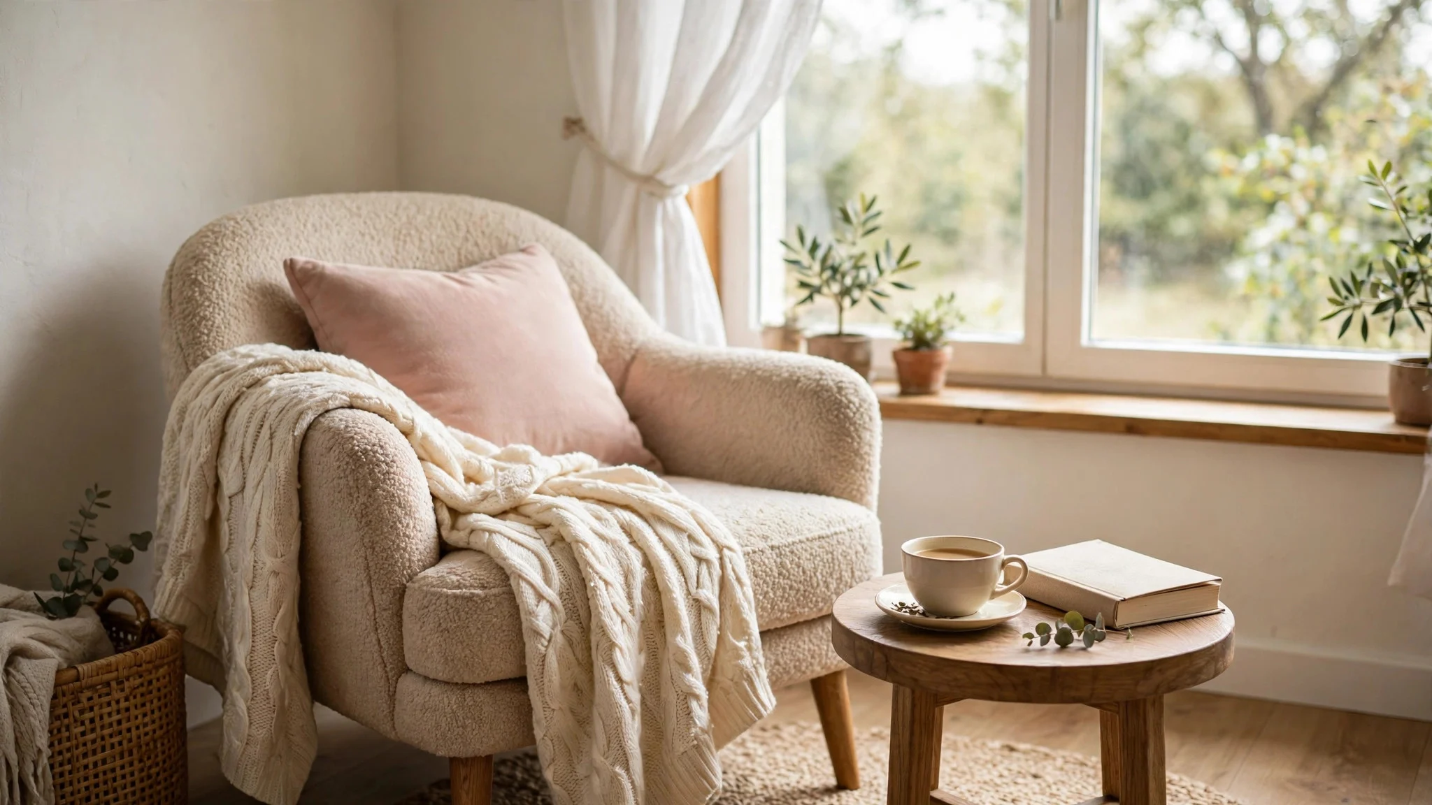Cozy reading nook with an armchair, blush cushion, cream throw and small side table by a window