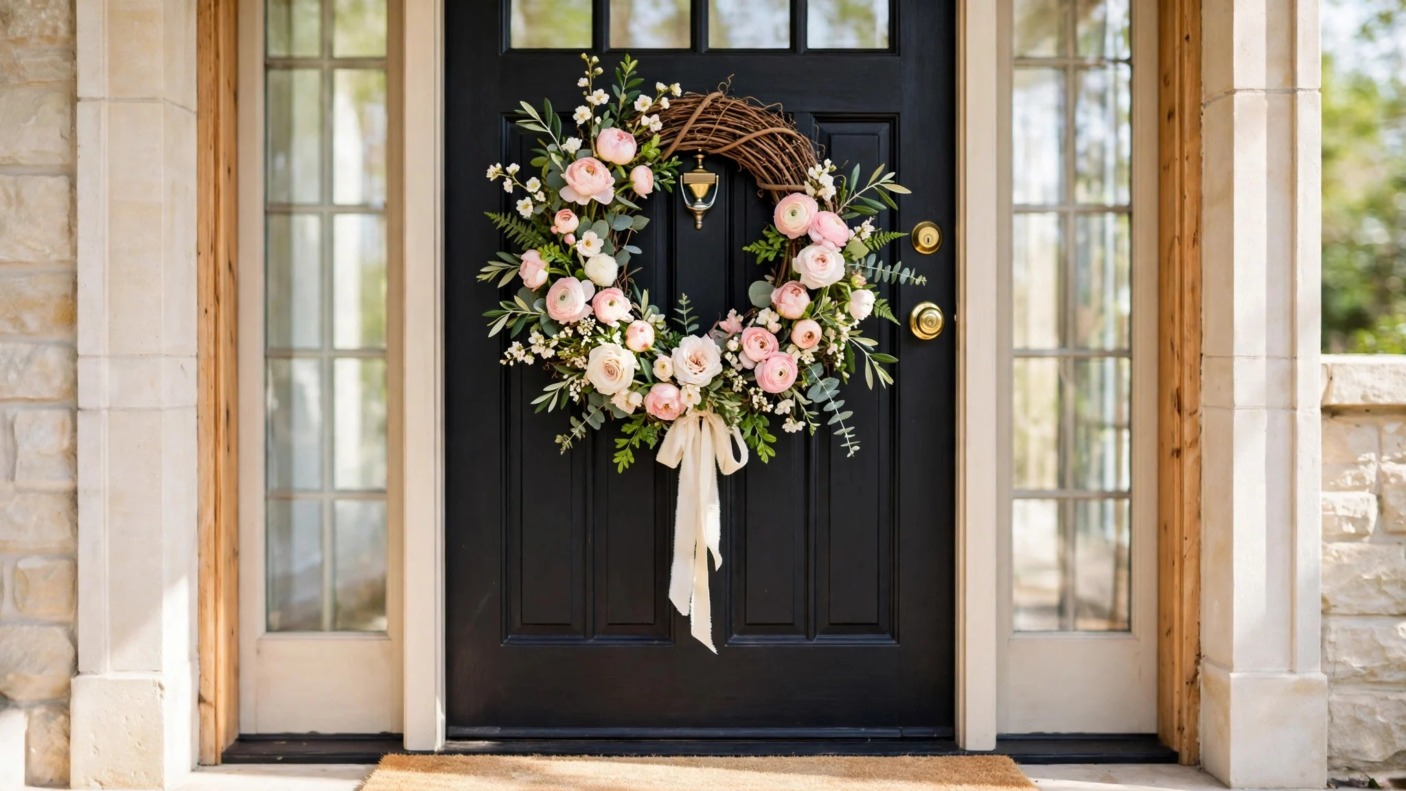 Spring floral wreath with blush and cream blooms on a front door