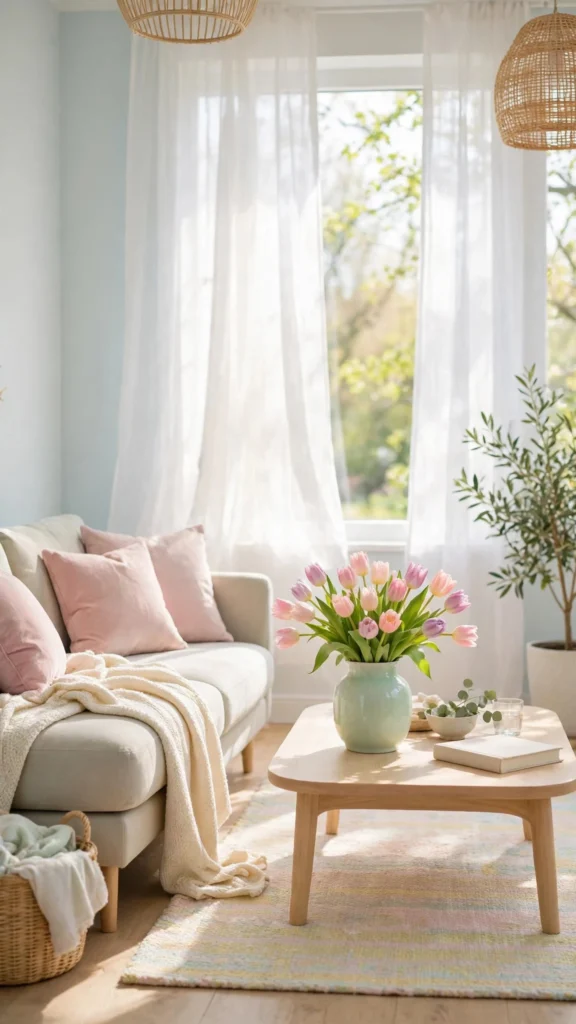 Bright modern spring living room in soft pastels with blush cushions, mint vase of tulips and sheer curtains