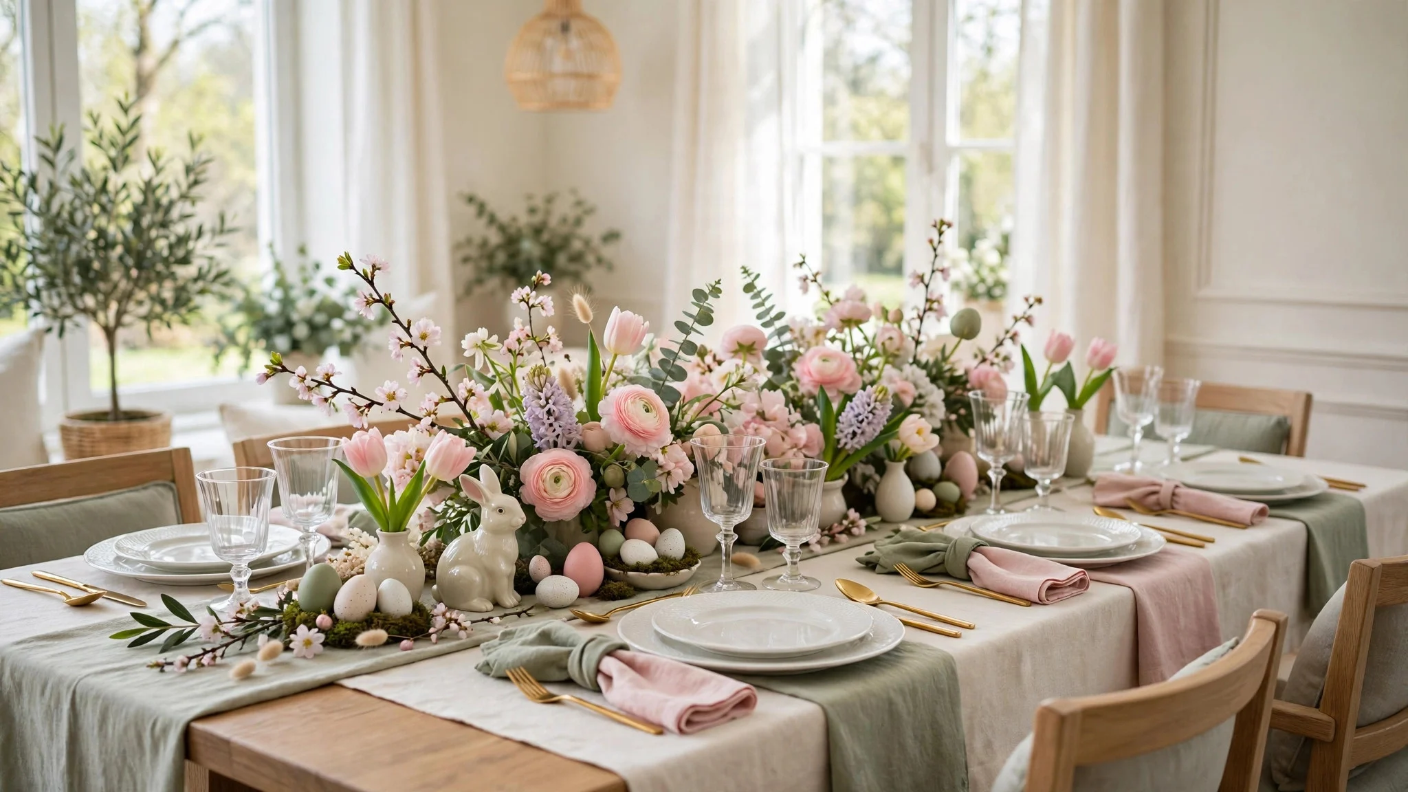 Easter table set in a soft pastel palette of blush pink, sage green and cream linen