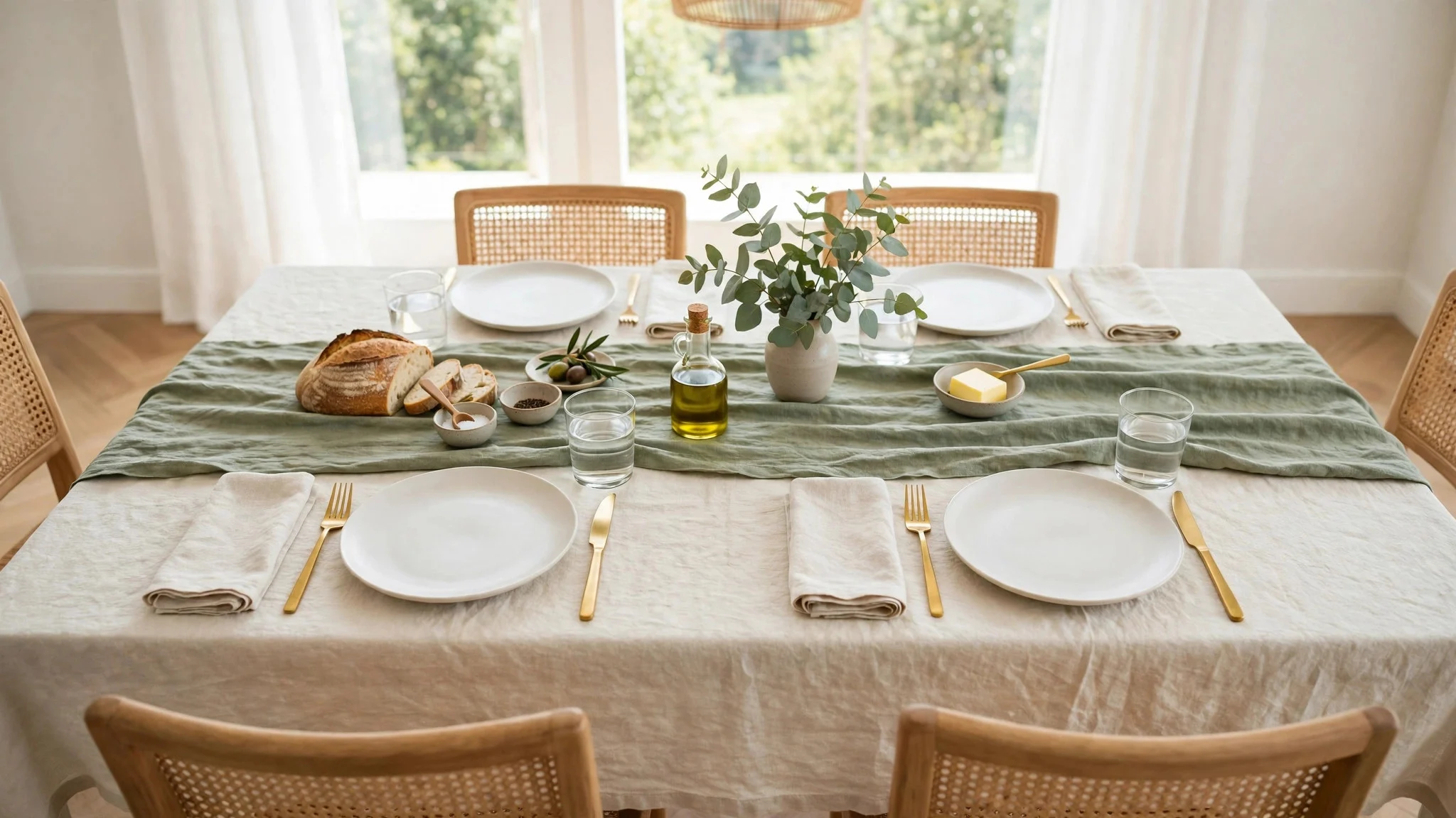 Dining table layered with a cream linen tablecloth and a sage green runner