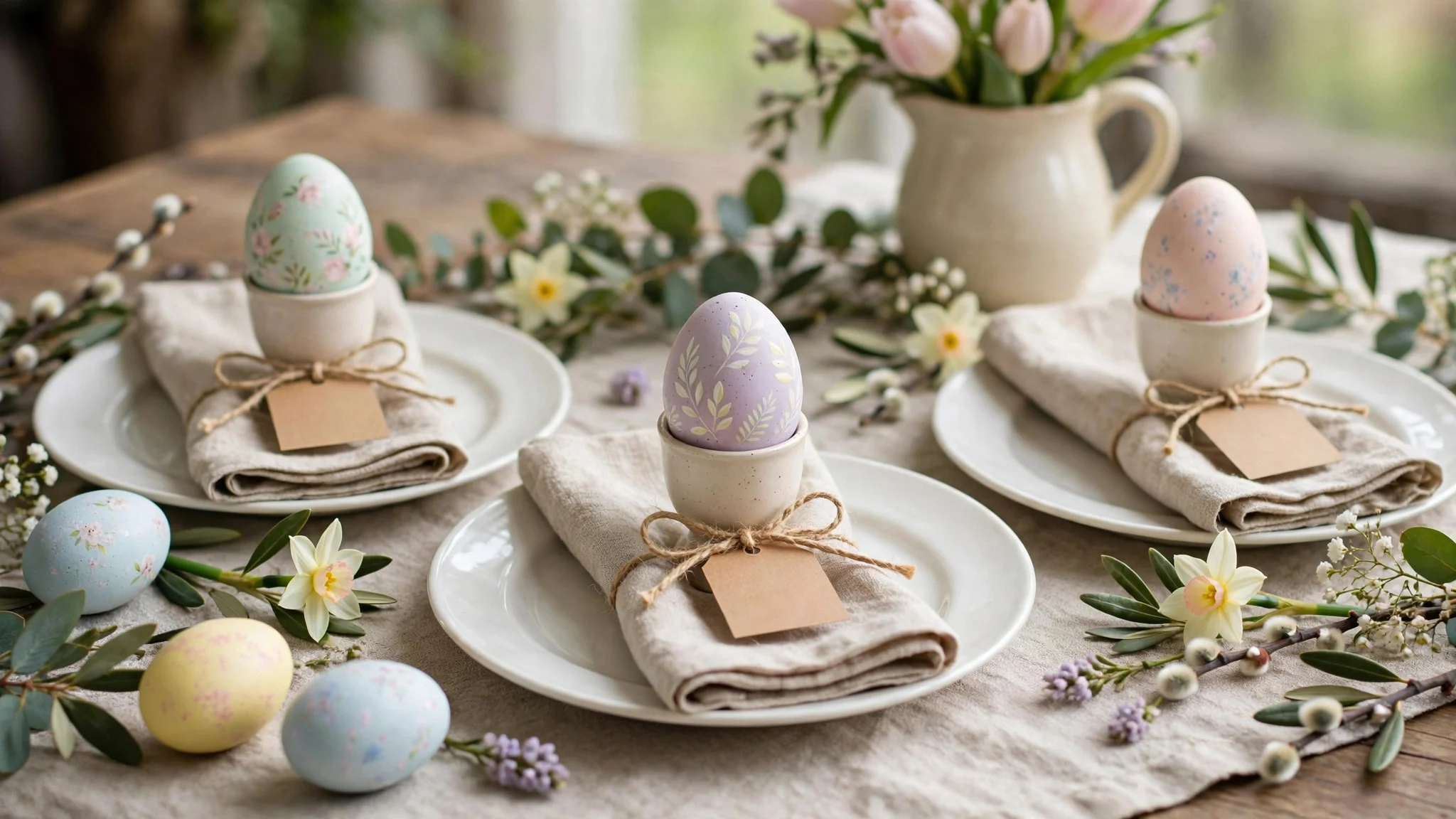 Easter place settings with hand-painted pastel eggs and name tags on plates