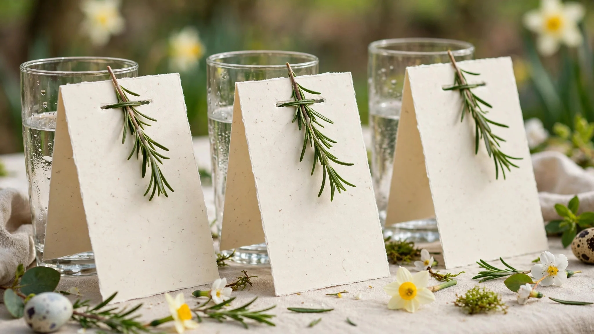 Handwritten Easter place cards with rosemary sprigs on a spring table