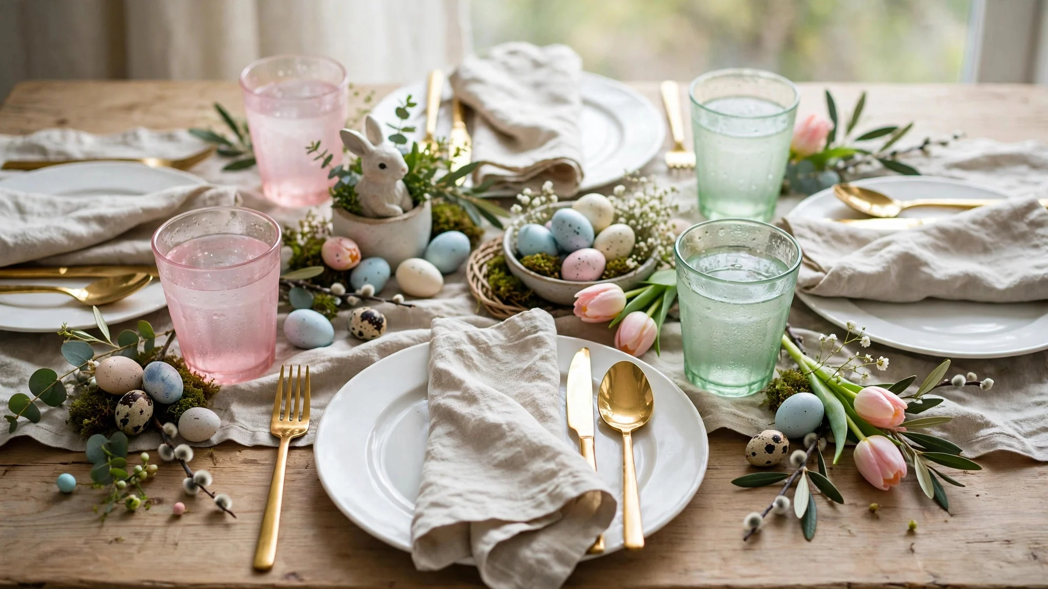 Easter table with gold cutlery and pastel pink and mint glasses