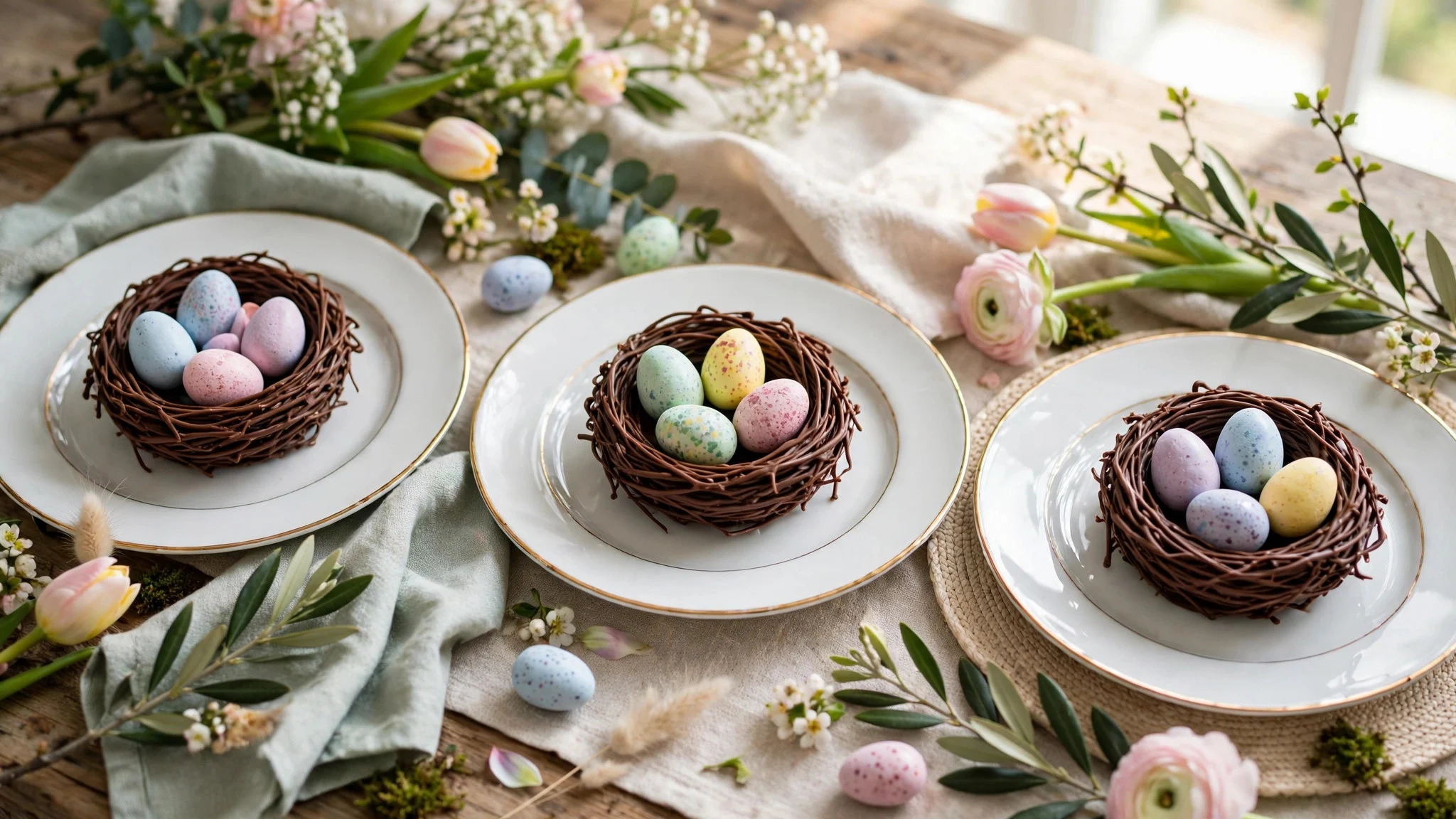Mini chocolate nest favours with pastel eggs at each Easter place setting