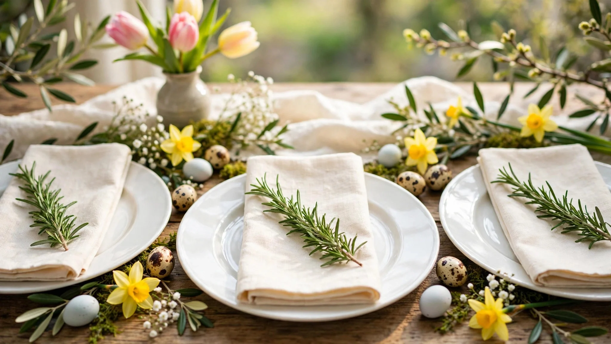 Easter place settings with fresh rosemary sprigs laid across linen napkins