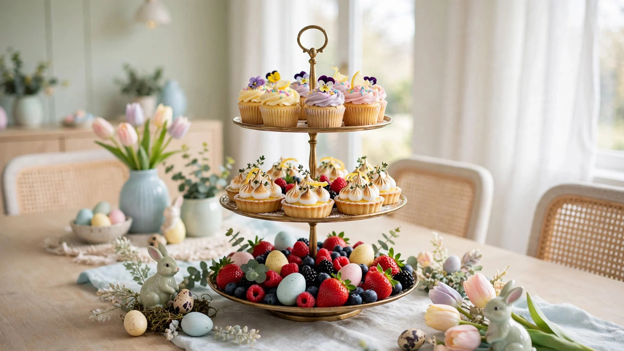 Tiered dessert stand with mini cupcakes and lemon tarts as an Easter centrepiece