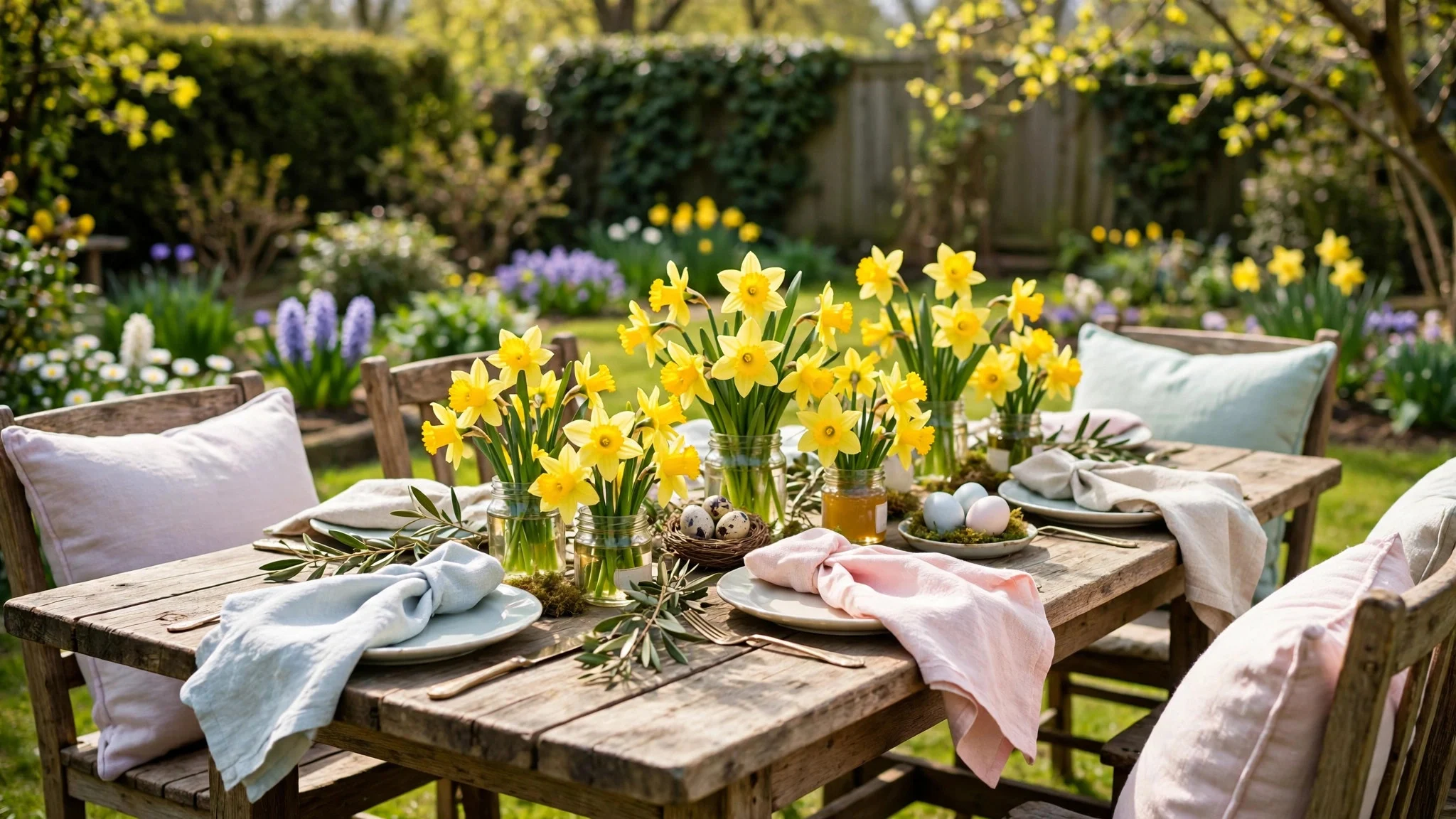 Outdoor Easter garden table with linen napkins, jam jars of daffodils and pastel cushions