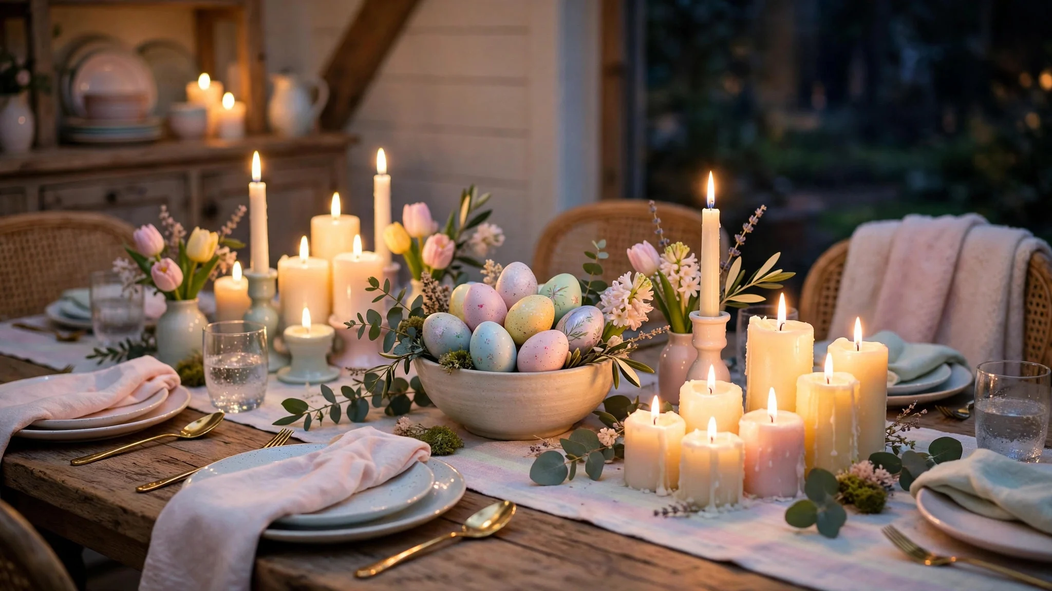 Candlelit evening Easter table with pastel decor, glowing candles and a bowl of painted eggs